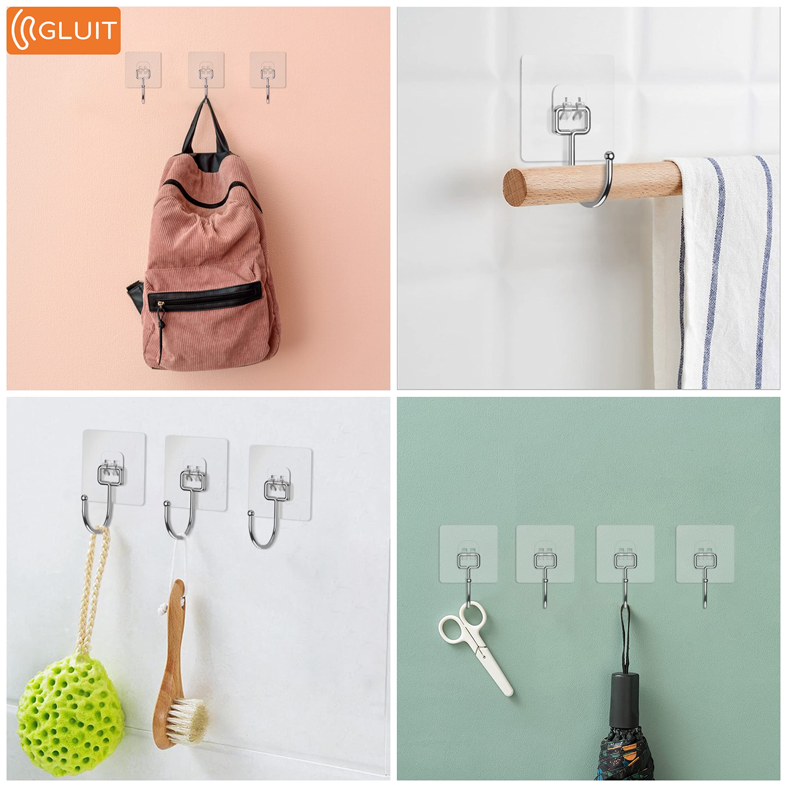 GLUIT Heavy Duty Adhesive Hooks - Medium 12 Pack & Large 6 Pack - 22 lbs Weight Capacity - Waterproof Transparent Wall Hooks for Keys, Towels, Bathroom, Shower, Kitchen & Outdoor Use - Perfect for Home Organization and Space Saving