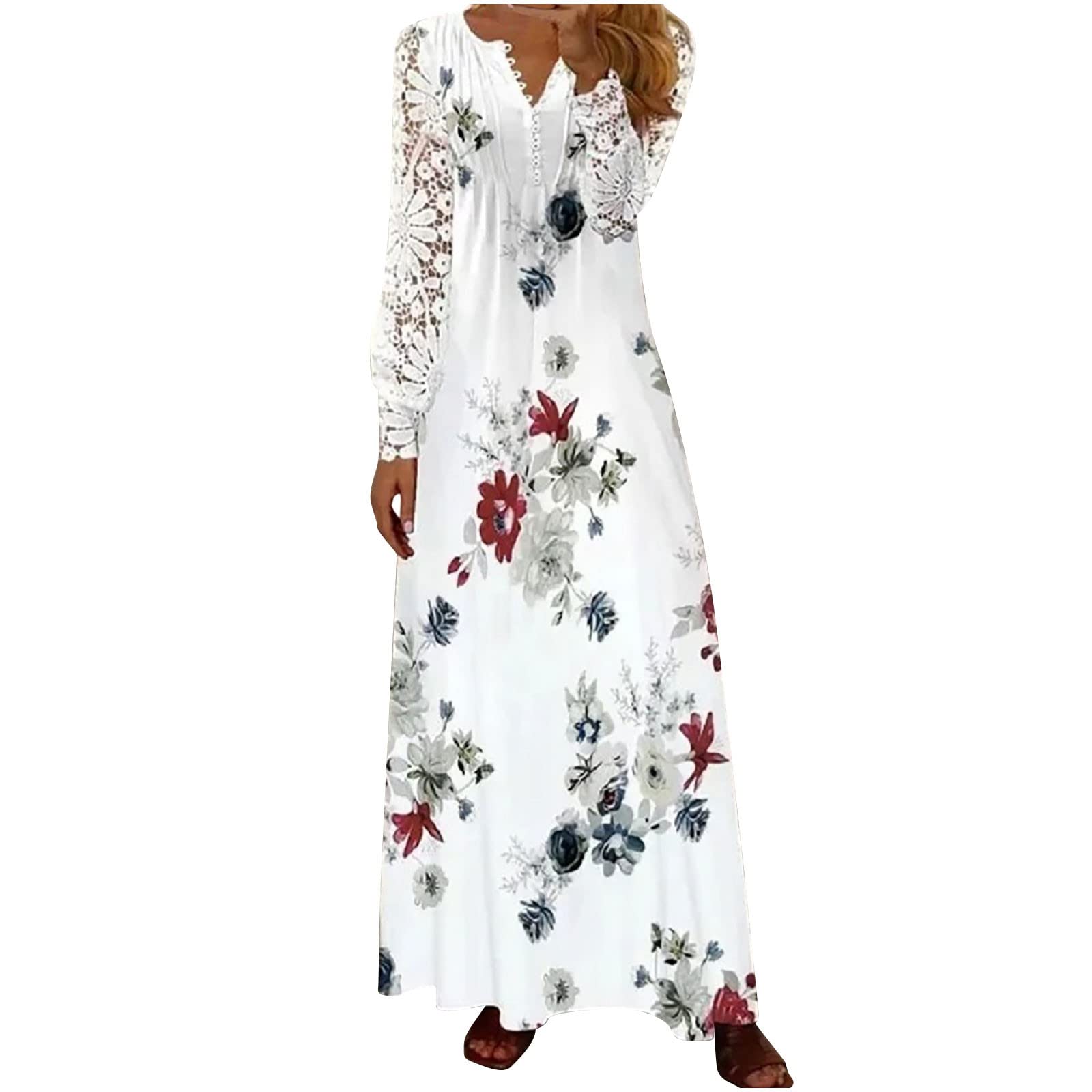 Women's Floral Lace Long Puff Sleeve Dress - V Neck Ruched Maxi Dress for Fall & Summer 2024 | Perfect for Weddings, Parties & Special Occasions