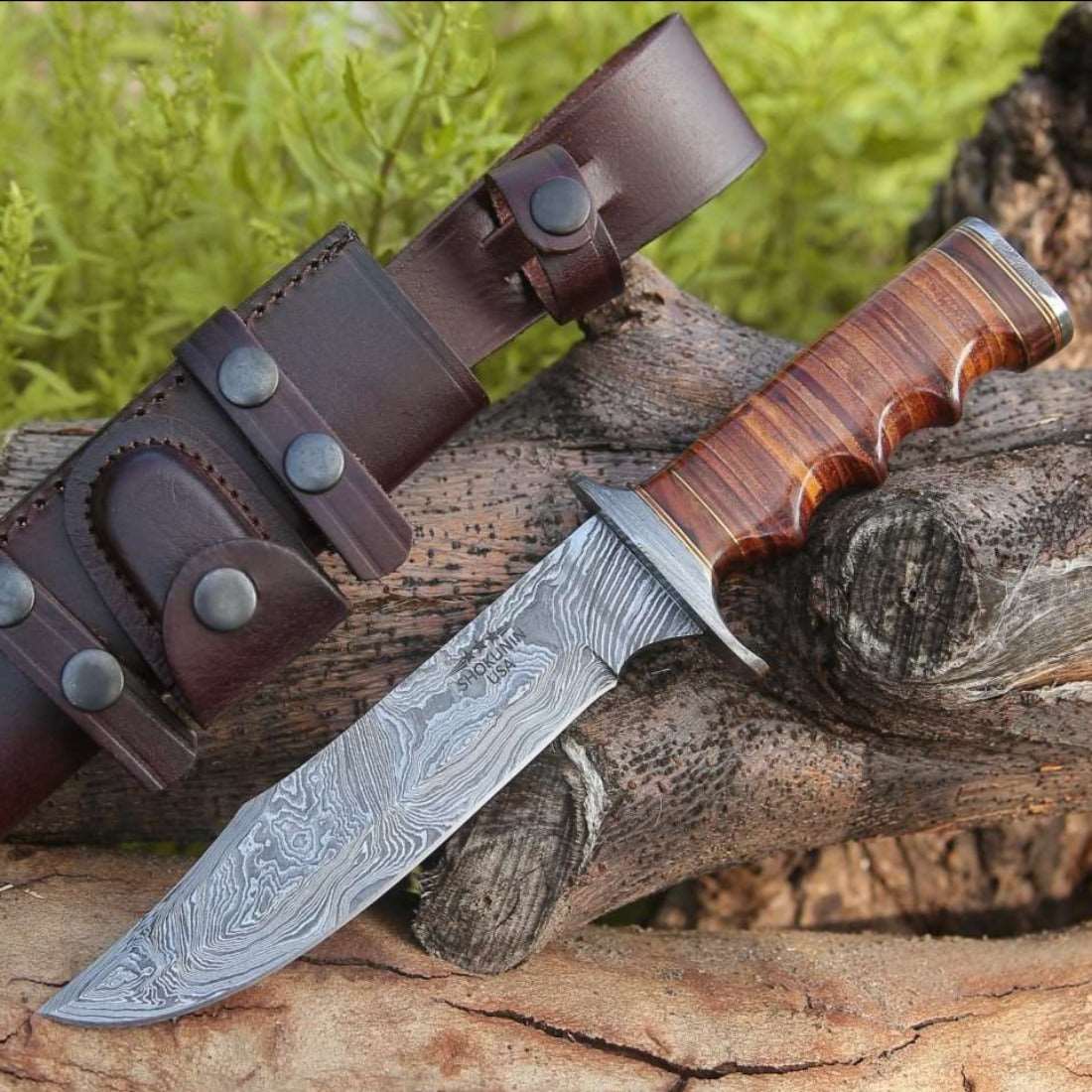 Premium Flux Bowie Knife with Stacked Leather Handle - Tactical Survival Knife for Outdoor Camping, Hunting & Bushcraft - Durable Fixed Blade Knife for Hiking, Adventure & EDC