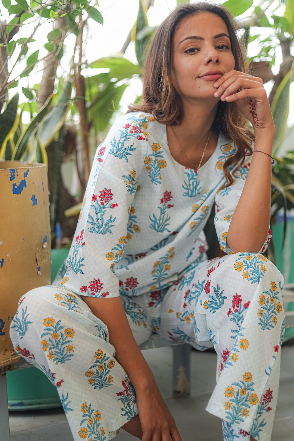 Floral Breeze Handblock Printed 100% Pure Cotton Night Suit for Women - Soft & Breathable Sleepwear Set for Comfortable Nights, Lounge Wear, and Relaxation at Home