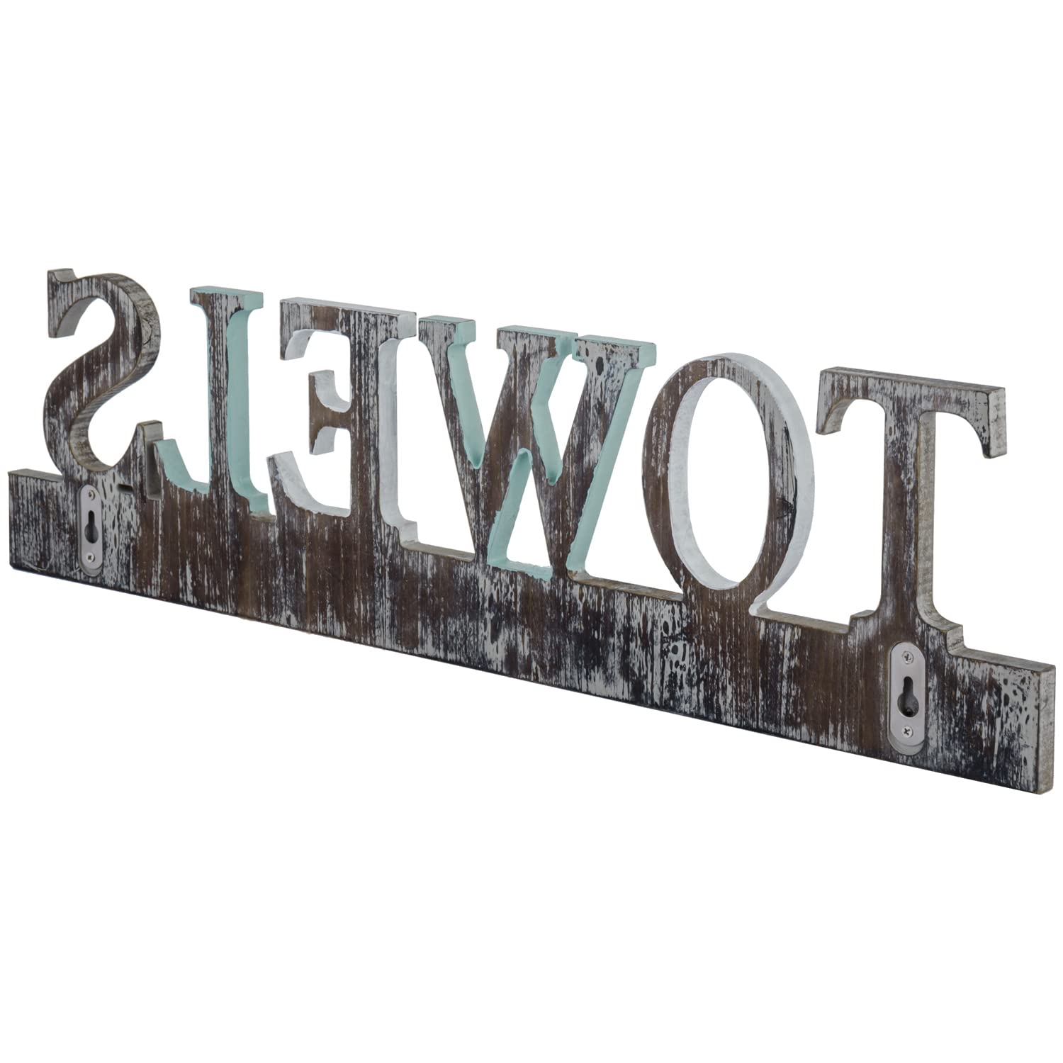 Rustic Wall Mounted Solid Wood Towel Rack with 5 Dual Hooks - Decorative Towel Cutout Design for Bathroom, Kitchen & Laundry Room - Perfect for Hand Towels, Aprons & Robes Organization