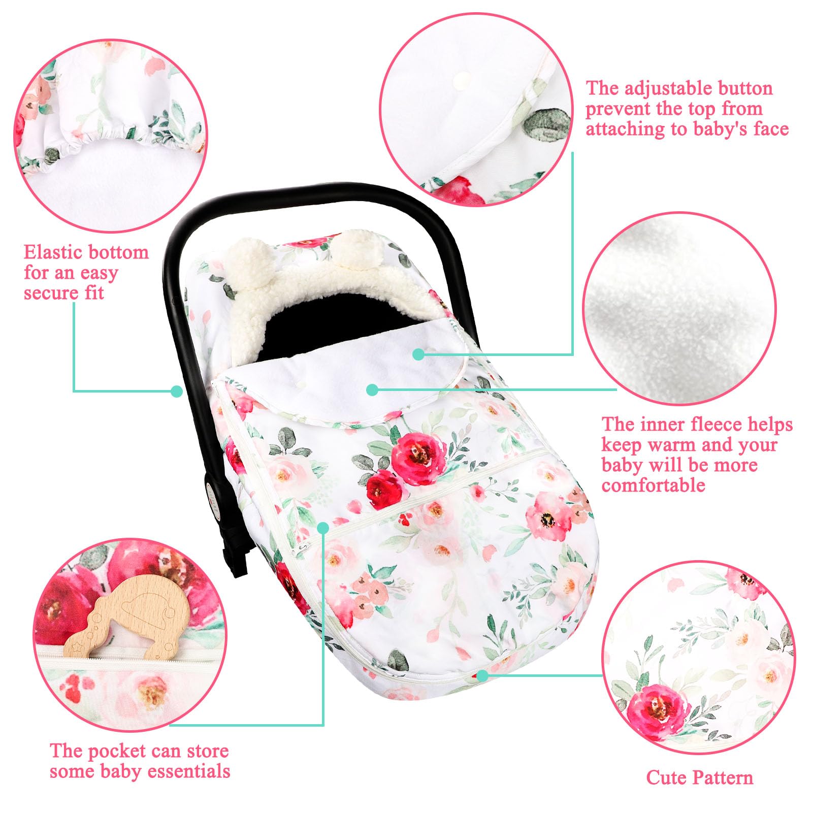 Universal Baby Car Seat Cover - Winter Warm & Cozy Zippered Canopy for Girls, Ultra-Soft Breathable Removable Design (Flower Pattern) - Perfect for Cold Weather Protection & Stylish Infant Travel