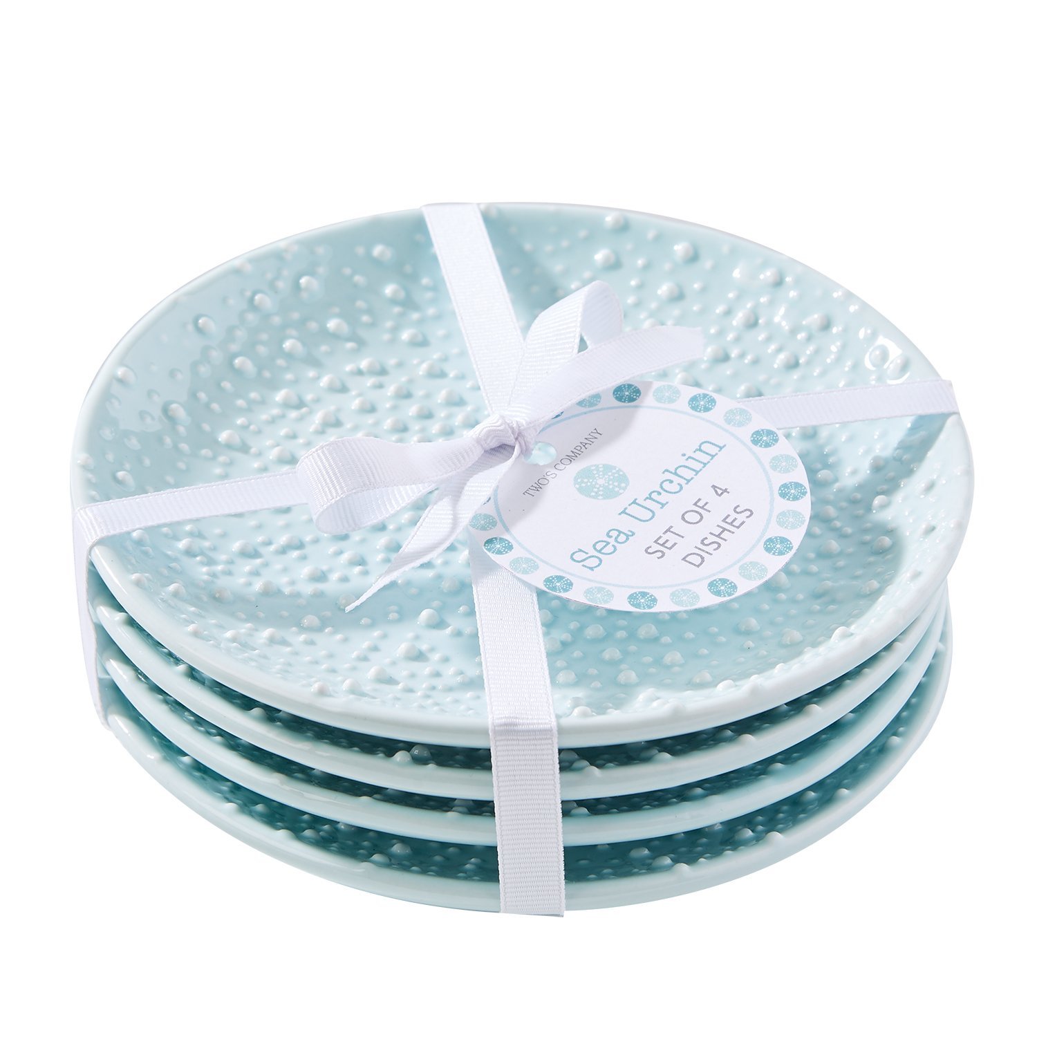 Two's Company 51206 Sea Urchin Dishes Set of 4 - Aqua Blue Ceramic Appetizer Plates for Seafood, Sushi, Tapas - Perfect for Dinner Parties, Beach Themed Events & Coastal Home Decor