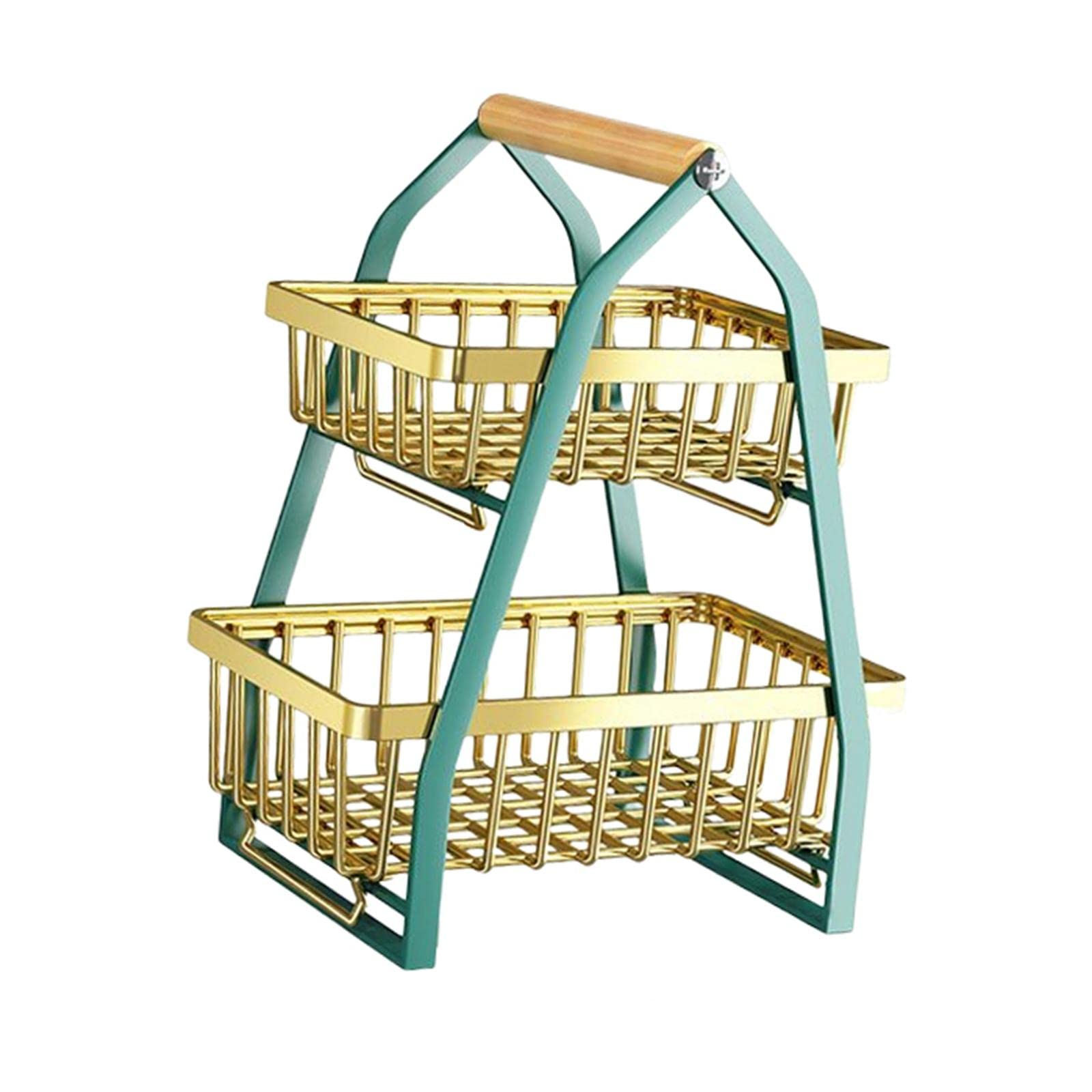 MagiDeal 2-Tier Space Saving Kitchen Organizer - Detachable Fruit Basket for Vegetables, Bread & Snacks | Compact Storage Rack for Countertop | Green & Gold Mini Design - Perfect for Small Kitchens, Dorms & Office Spaces