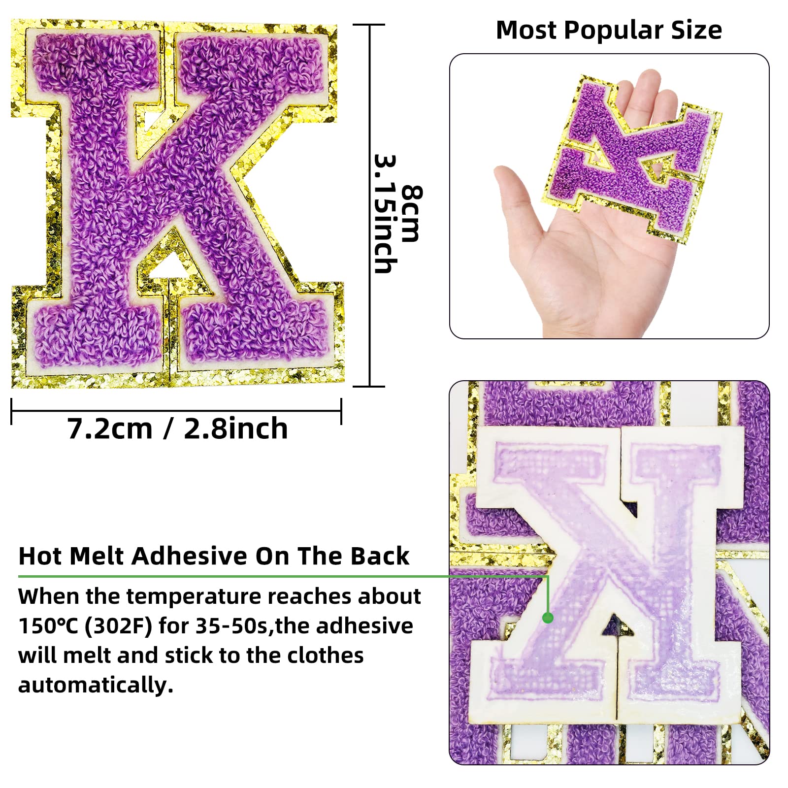 8 Pcs Chenille Iron-On Letter Patches for Clothing - Varsity Style Glitter Alphabet Appliques (Purple D) - Perfect for DIY Jackets, Hats, Bags & School Spirit Crafts