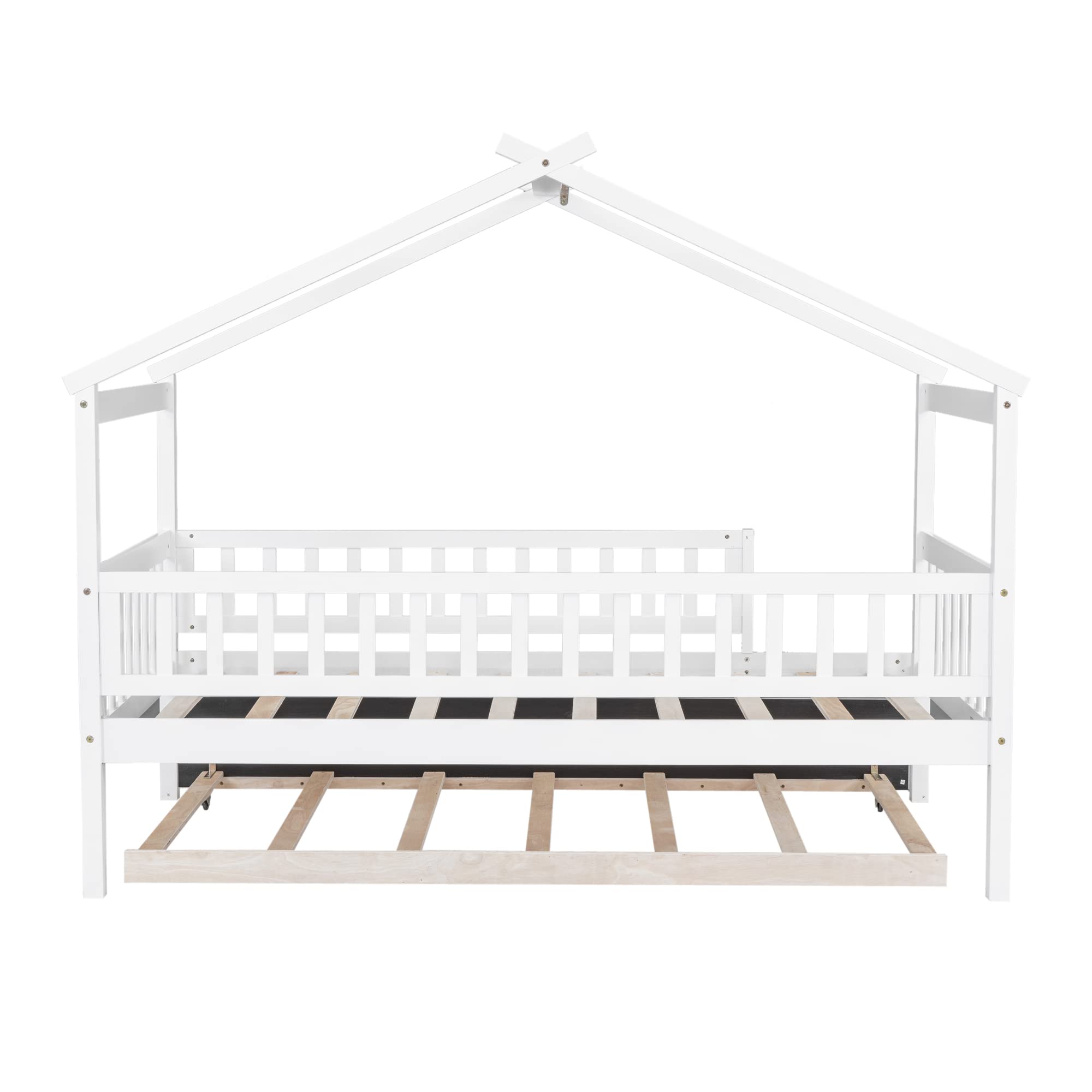 Harper & Bright Designs Twin Size Wooden House Bed with Trundle - Kids Bed Frame with Roof & Fence Design for Boys & Girls - Perfect for Bedrooms, Playrooms & Sleepovers (White)