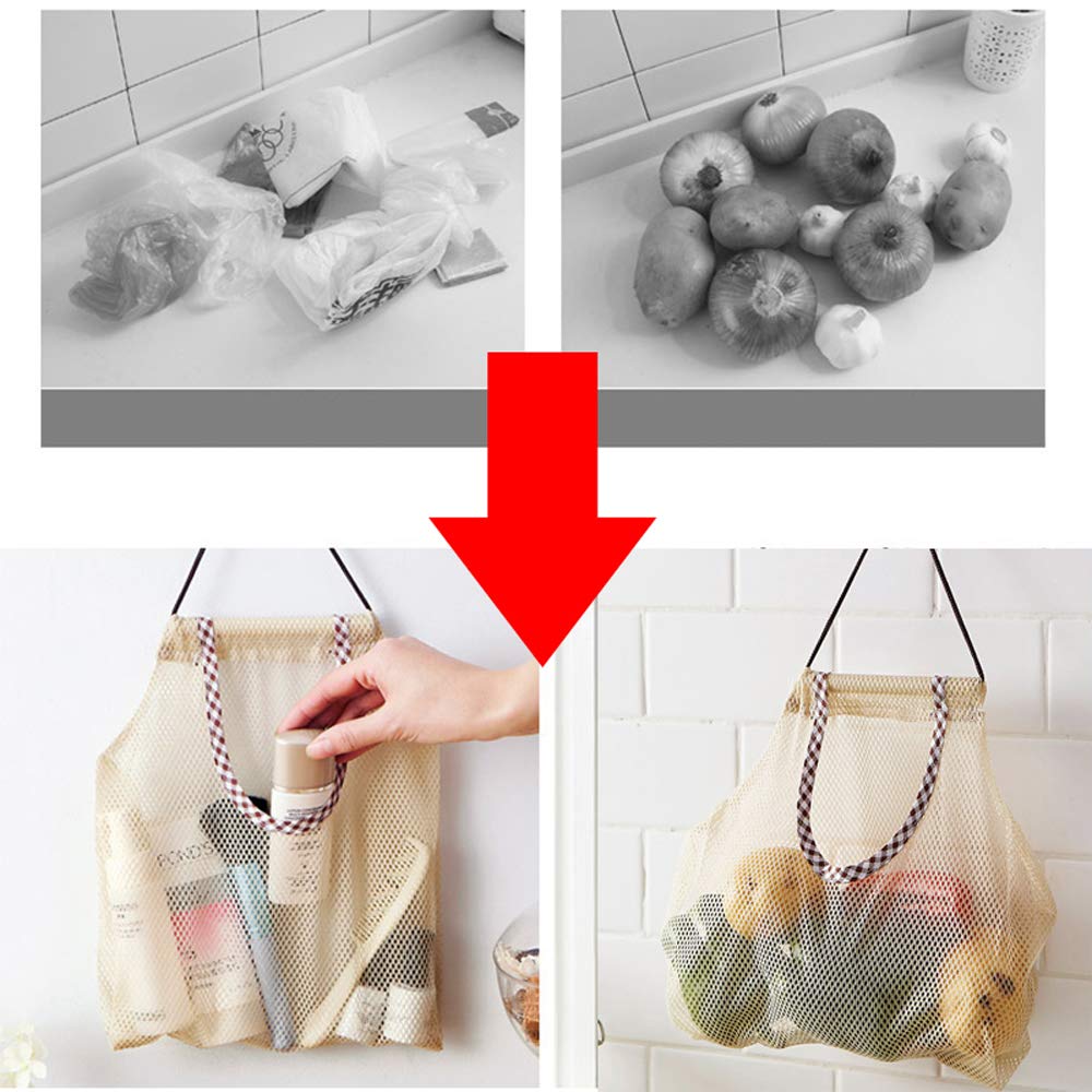 5PCS Breathable Hanging Mesh Storage Bags for Potatoes, Onions, Garlic - Reusable Kitchen Organizer for Fruits & Vegetables - Perfect for Pantry, Grocery Storage & Home Organization