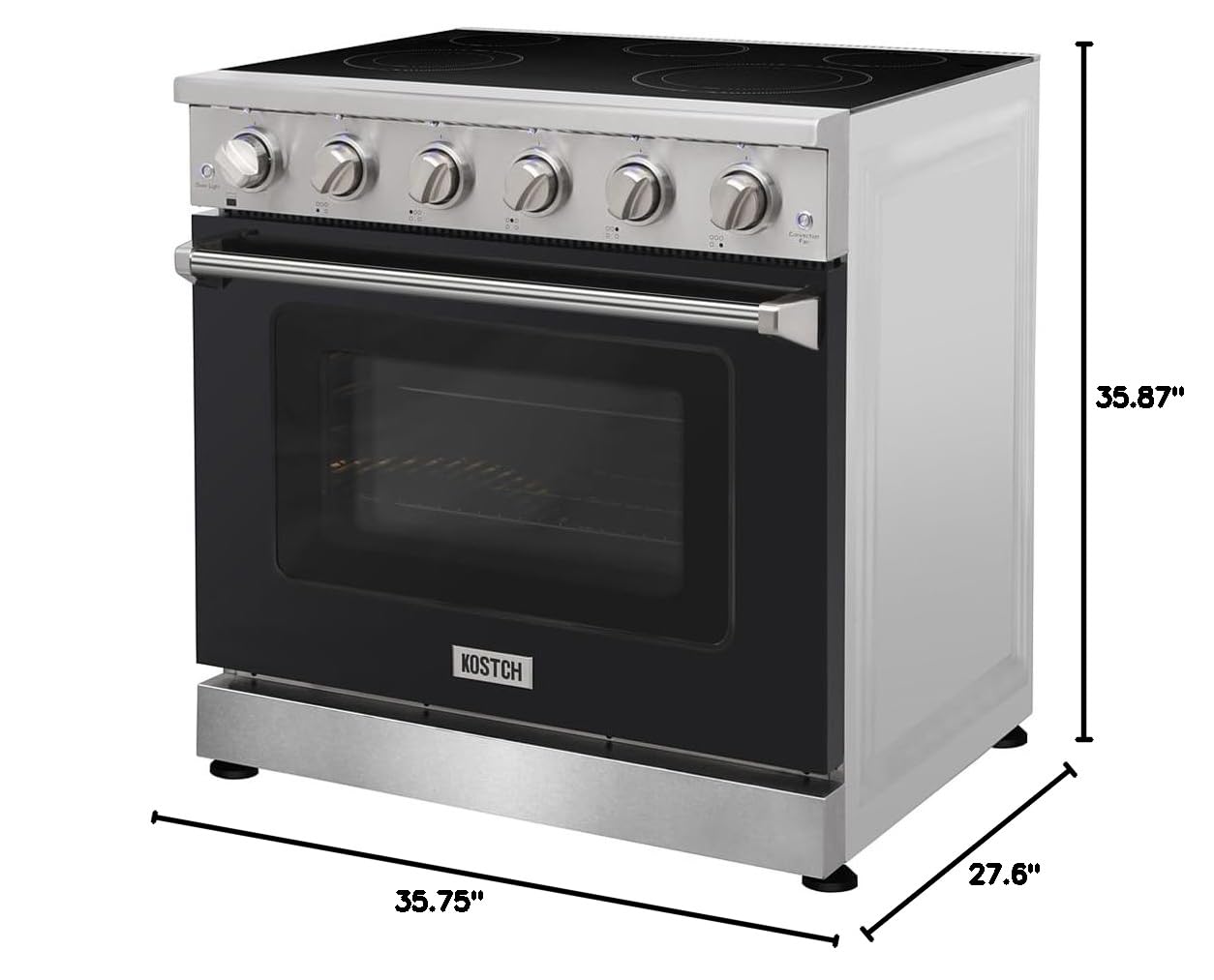 36 Inch Stainless Steel Electric Range - 5 Burner Cooktop, 6.0 Cu. Ft. Convection Oven, Smooth Glass Top - Professional Kitchen Appliance for Home Cooking & Baking (Black, Model KOS-36RE06H)