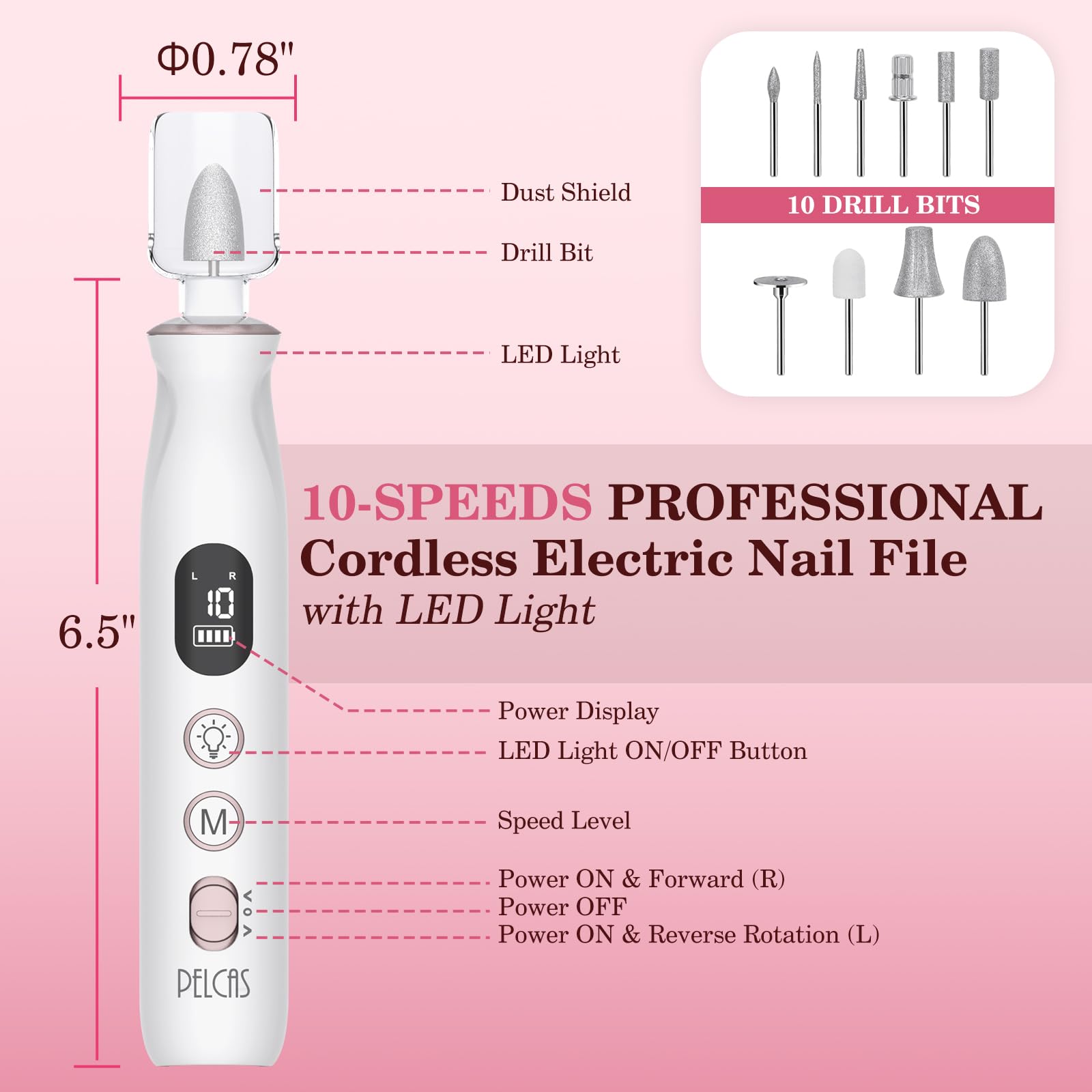 PELCAS Professional Cordless Electric Nail File Kit - 10-Speed LED Nail Drill with LCD Screen for Manicure & Pedicure | Safe for Natural, Acrylic Nails & Thick Toenails | Perfect for Home Salon, Pet Grooming & DIY Nail Care