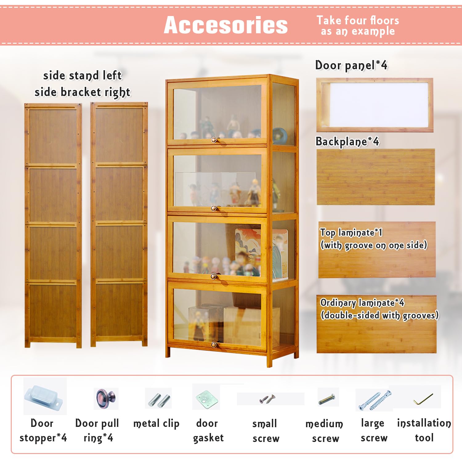 Modern Acrylic Door Display Cabinet - Minimalist 4-Tier Glass Curio Shelf with Bamboo Frame, Easy Assembly (31.5 Inch Length) - Perfect for Showcasing Collectibles, China, or Retail Displays in Living Rooms & Stores