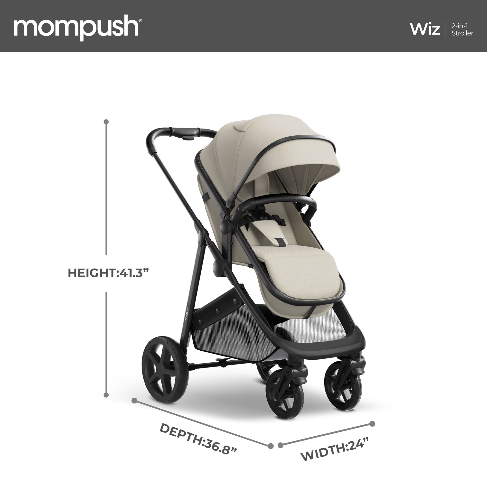 Mompush Wiz 2-in-1 Convertible Baby Stroller with Bassinet & Reversible Seat, Foldable Lightweight Infant Stroller with Large UPF 50+ Sun Canopy - Perfect for Newborns, Travel & Daily Walks