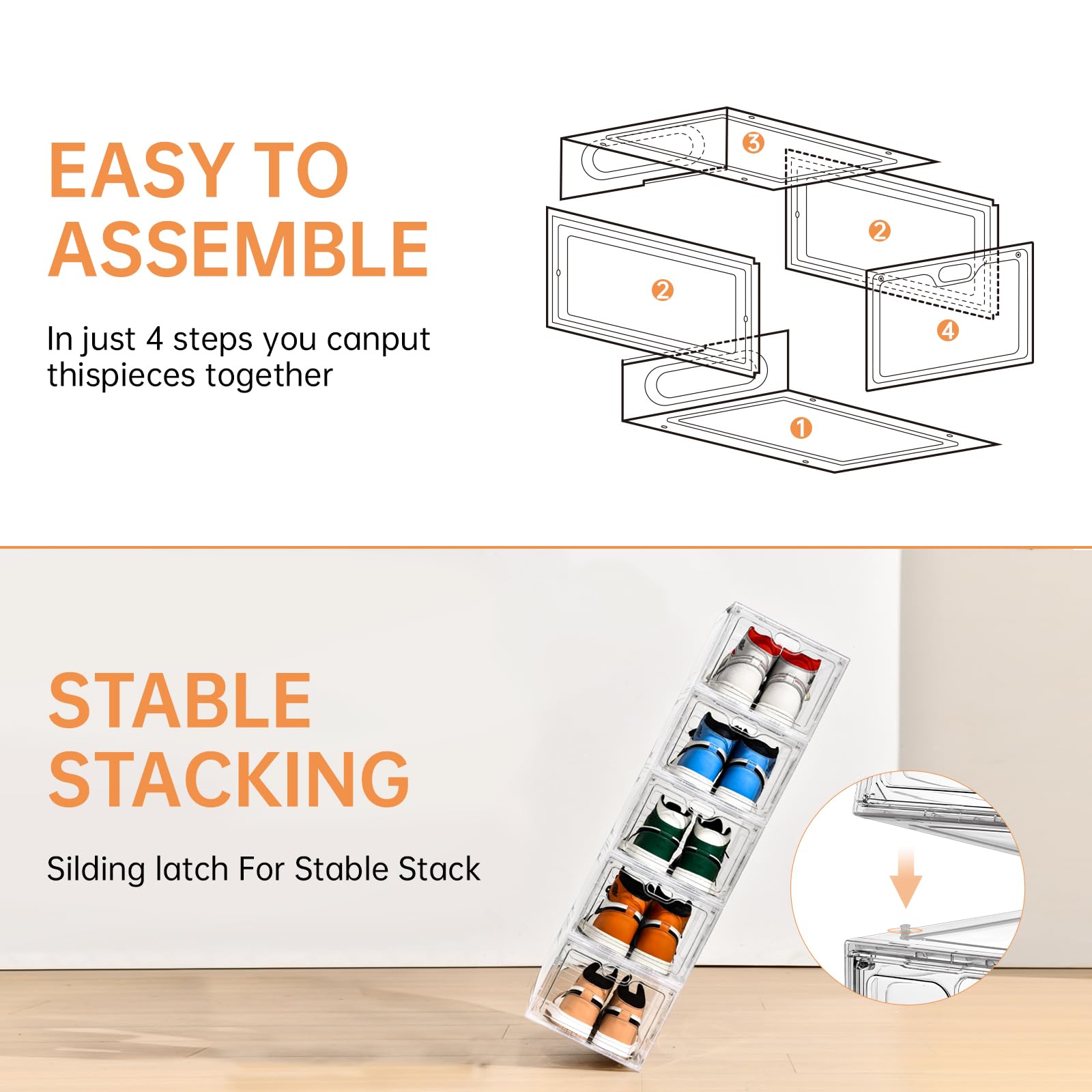 6 Pack Clear Large Shoe Storage Box with Magnetic Door - Stackable Shoe Organizer for Sneakers Display | Fits Up to US Size 12 | Easy Assembly | Perfect for Closet Organization, Bedroom Storage & Sneaker Collection Display