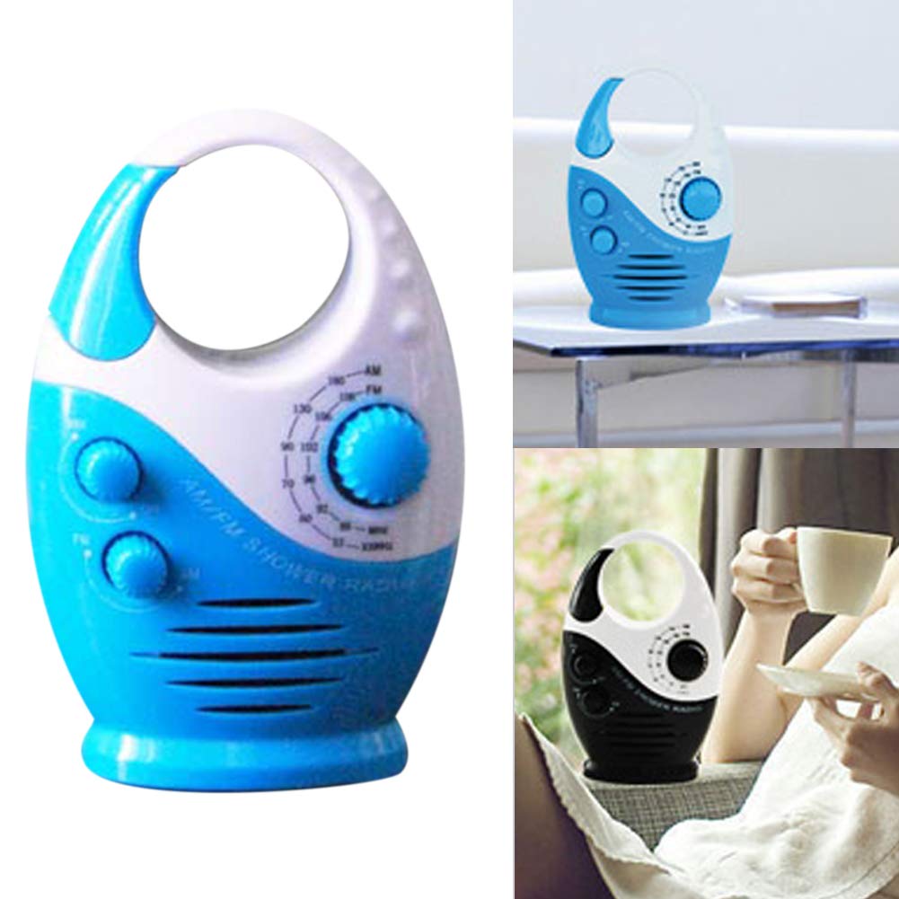 Waterproof Shower Radio with Built-in Speaker - Splash Proof AM/FM Bathroom Radio with Adjustable Volume & Top Handle for Shower, Pool, Beach & Outdoor Use (Blue and White)