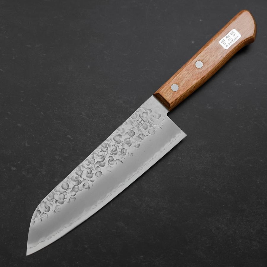 Premium Santoku Knife 165mm - Chromax Steel with Tsuchime Hammered Finish & Brown Western Handle - Perfect for Slicing, Dicing, and Chopping Vegetables, Meat, and Fish
