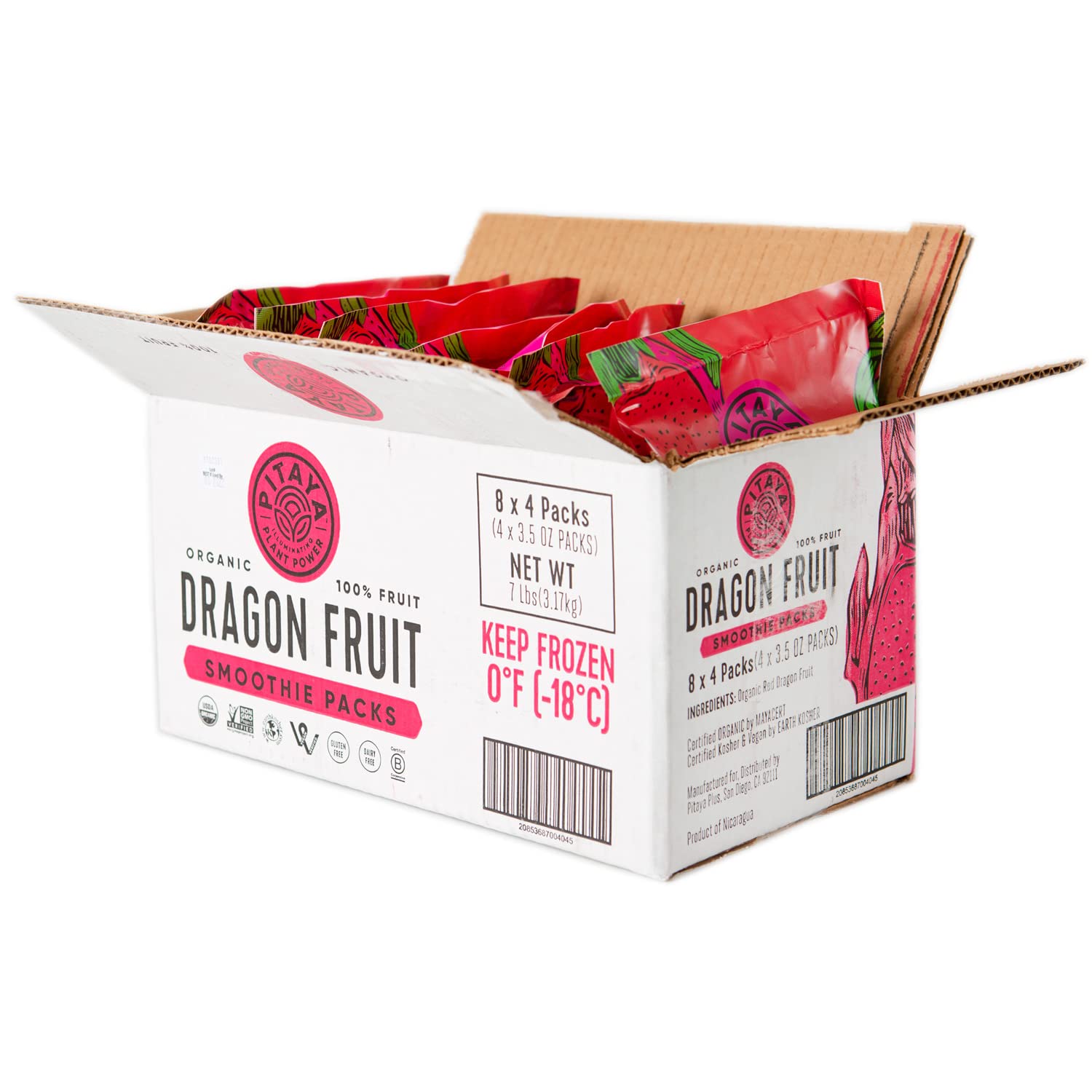 Organic Dragon Fruit Smoothie Packs - Pitaya Foods Frozen Fruit Puree, No Sugar Added, Non-GMO, Rich in Fiber, Magnesium & Vitamin C, 14oz (8-Pack) | Perfect for Smoothies, Yogurt Bowls & Healthy Snacks