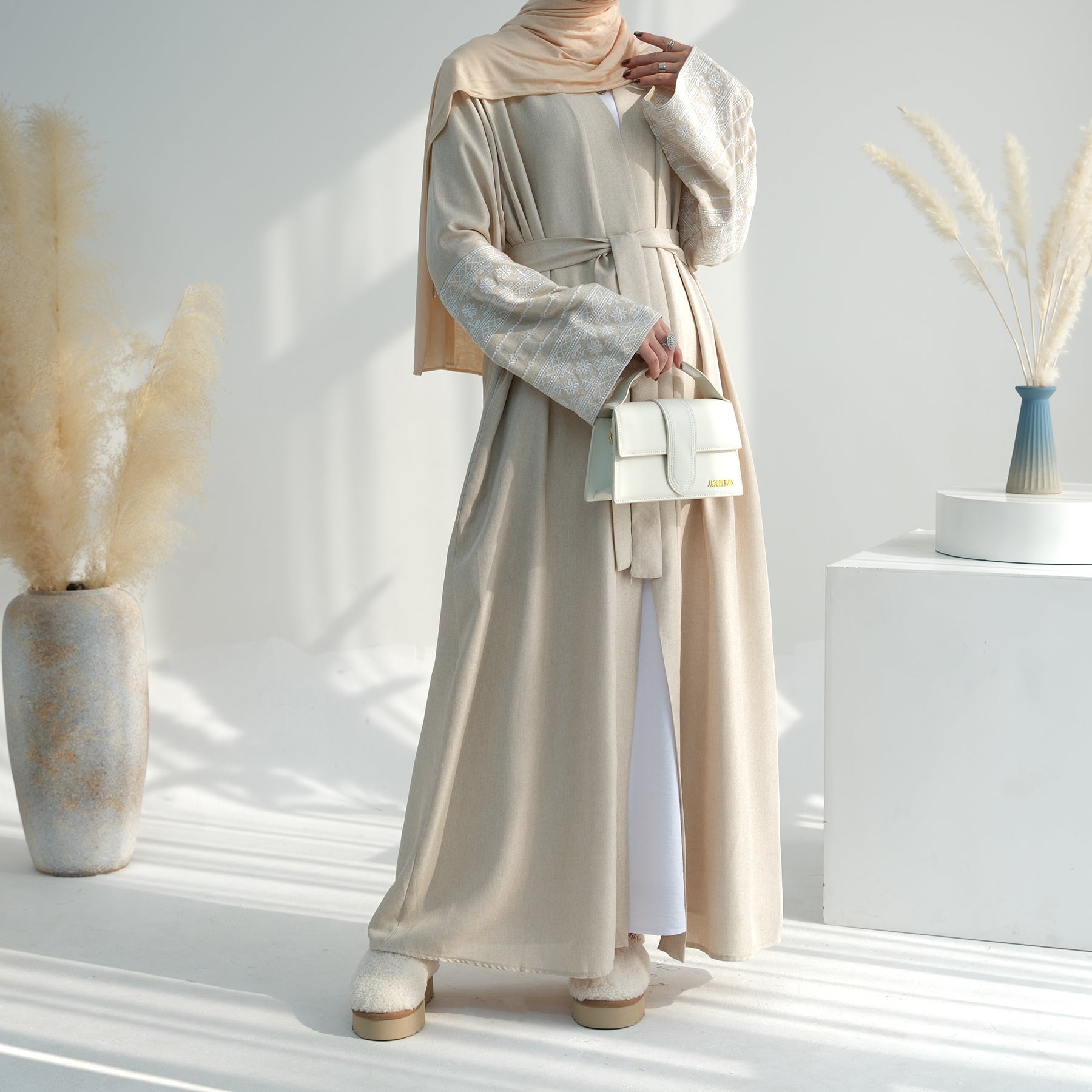 Balkis Embroidered Open Abaya Sand - Elegant Muslim Prayer Dress for Women, Comfortable Loose Fit Maxi Robe for Home & Mosque Wear