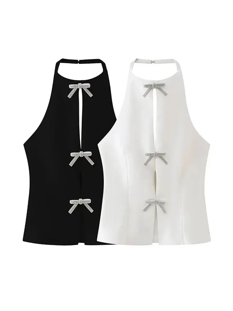 Sexy Women's Halter Tops - Summer Fashion Solid O-Neck Sleeveless Hollow Out Backless Blouse with Bow Decoration | Elegant Slim Fit for Beach, Party & Casual Wear