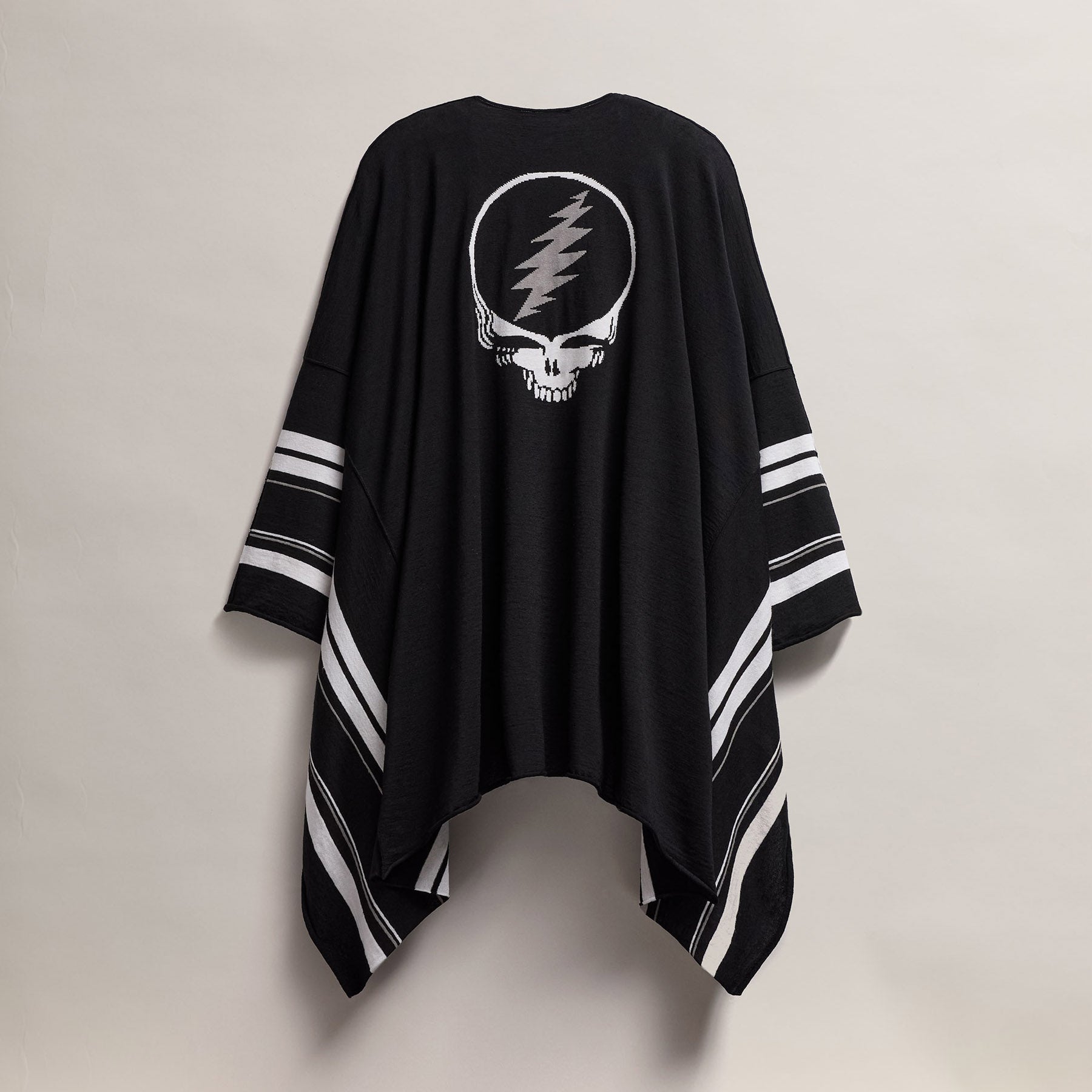 Grateful Dead Linen Blend Poncho - Black, Silver Grey & White Colors | Hippie Festival Outfit, Beach Cover-Up & Boho Fashion Accessory