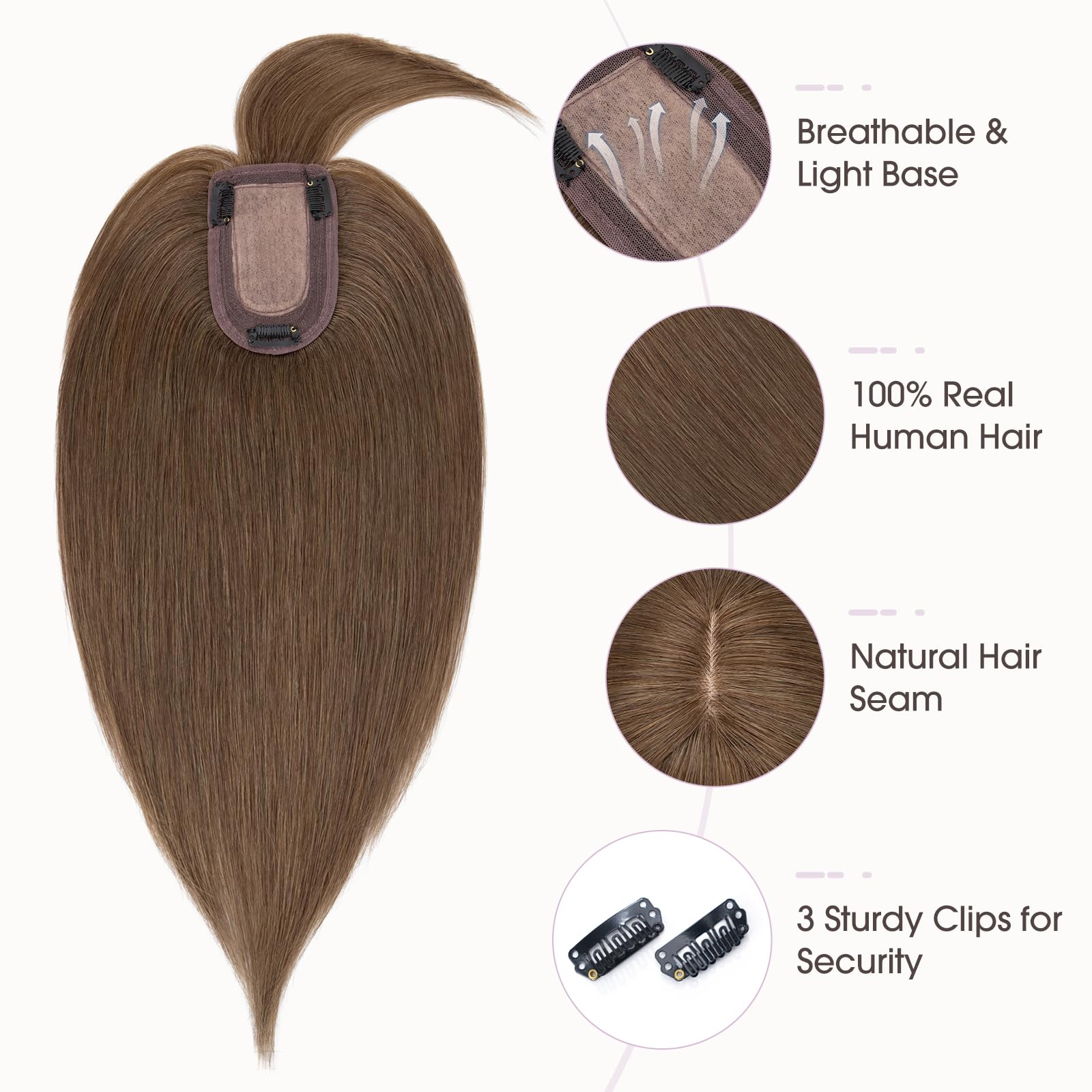 100% Human Hair Toppers with Bangs for Women - 14 Inch Mocha Brown Clip-in Hairpiece (2.8