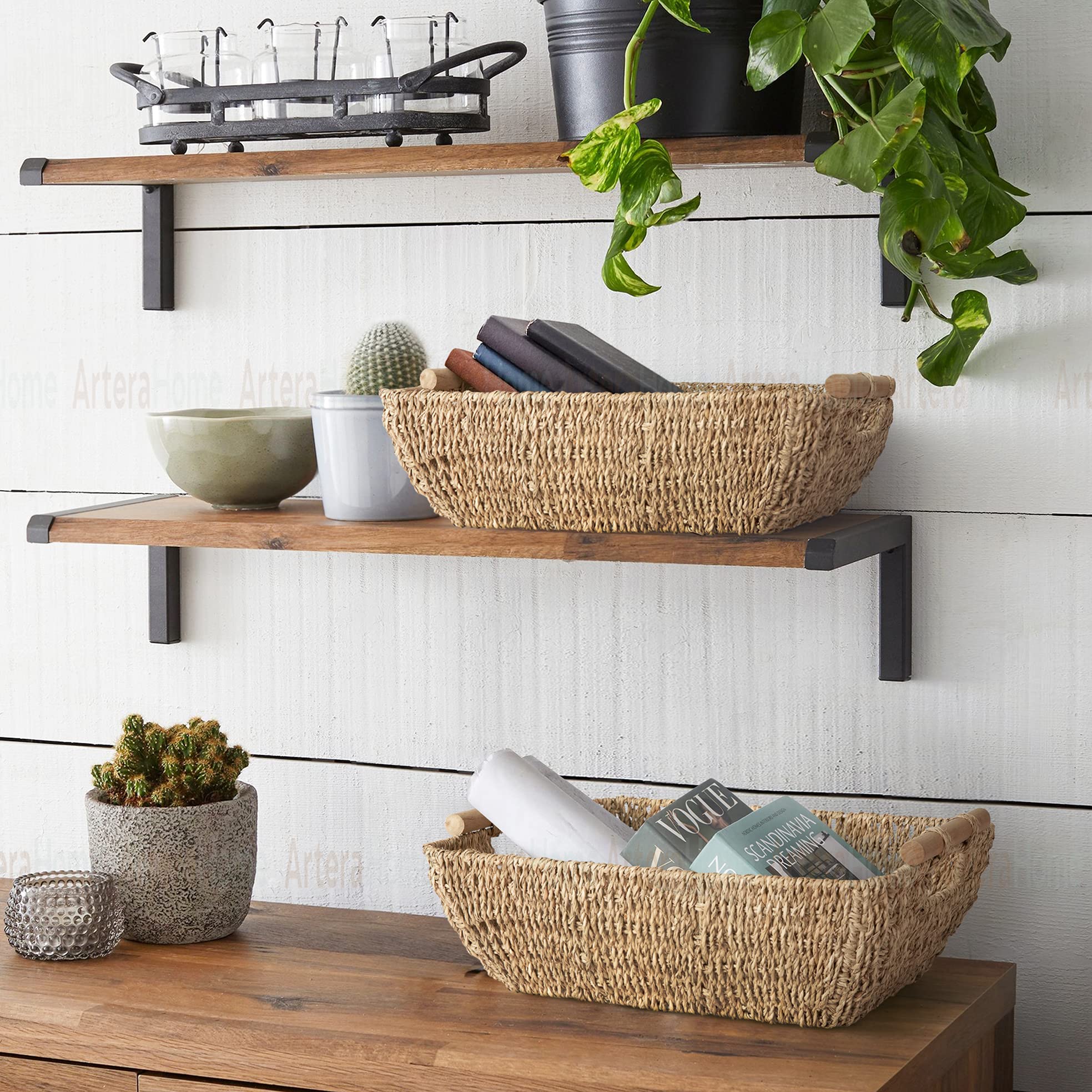 Artera Large Woven Seagrass Storage Basket with Wooden Handles - 16.9” x 13” x 6” Shallow Wicker Organizer for Bathroom, Kitchen Pantry, Bedroom & Nursery - Perfect for Shelves, Drawers & Home Decor (Set of 2)