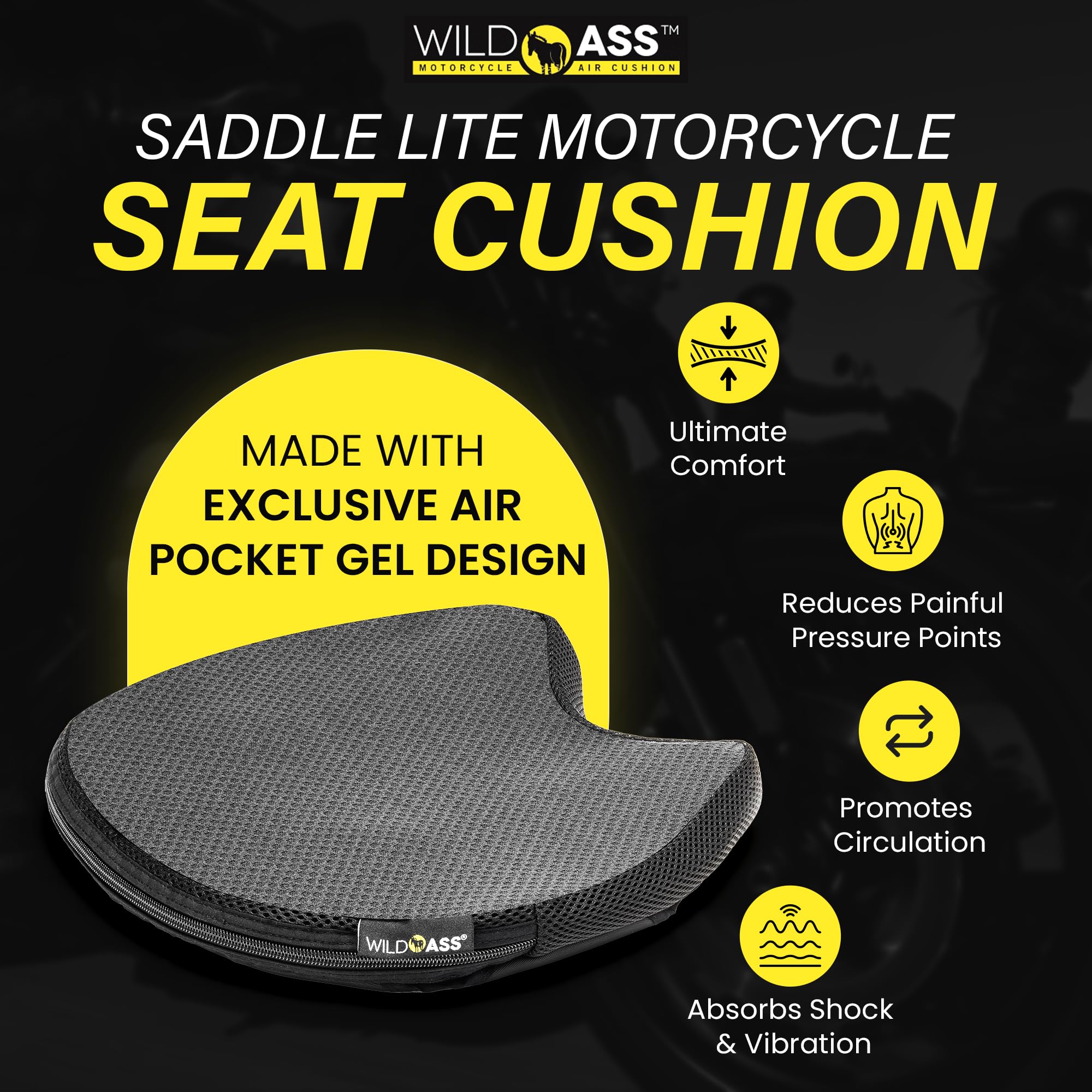 Motorcycle Air Gel Seat Cushion - Universal Ergonomic Adjustable Airflow Pad with Straps for Long Rides - Black | Comfortable Riding Gear for Cruisers, Touring Bikes & Commuters