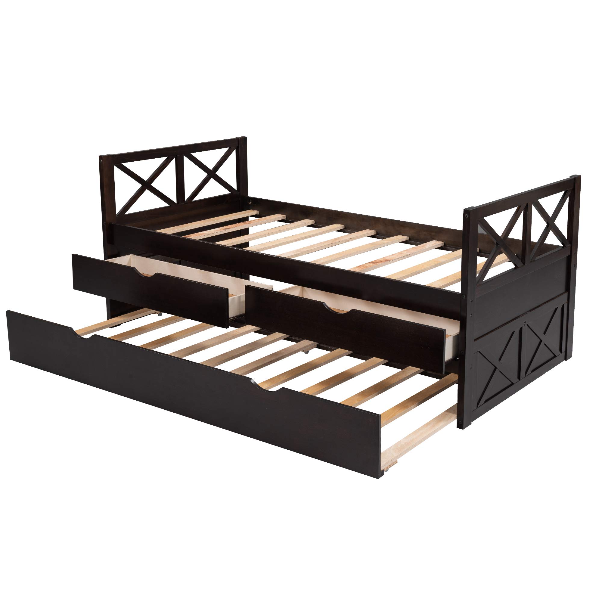 Twin Size Daybed with Drawers & Trundle - Rustic Wooden Storage Platform Bed for Kids & Teens, No Box Spring Needed, Multi-Functional Captain's Bed (Espresso) - Perfect for Guest Rooms, Dormitories & Small Spaces