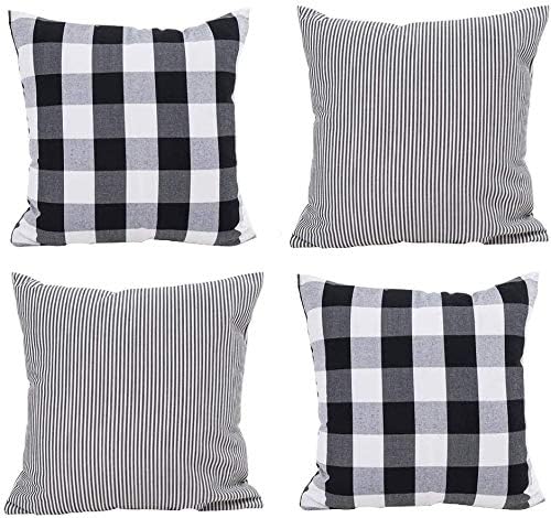 HOPLEE Farmhouse Pillow Covers 22x22 Inch - Black Buffalo Check & Stripe Outdoor Throw Pillow Covers Set of 4 - Perfect for Porch, Patio, Couch & Home Decor