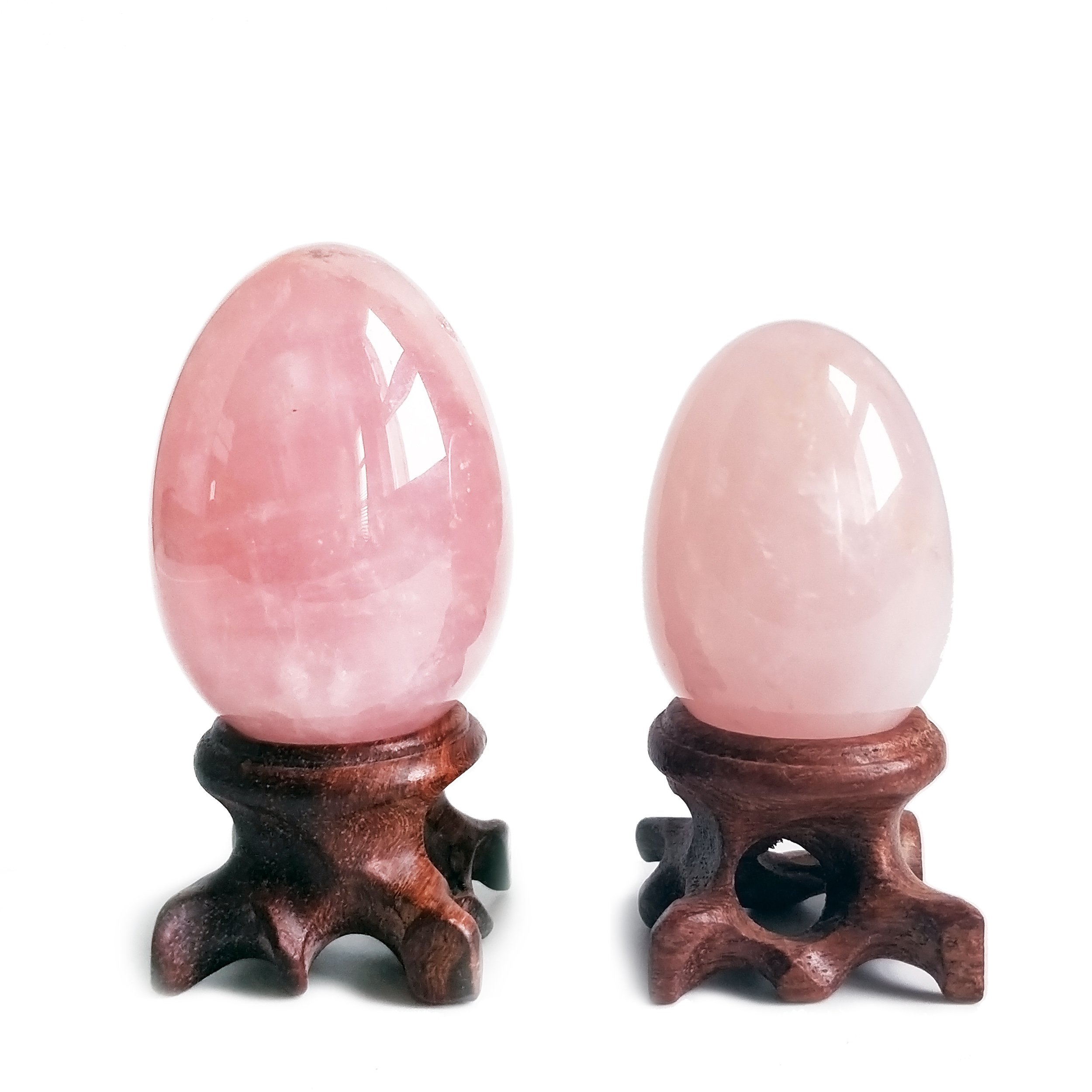 Polar Jade Set of 2 Rose Quartz Gemstone Egg Spheres with Wooden Stand - Natural Healing Stones for Meditation, Chakra Balancing, Stress Relief & Home Decor (L & M Sizes) - Perfect for Yoga Studios, Spiritual Gifts & Feng Shui Decorations