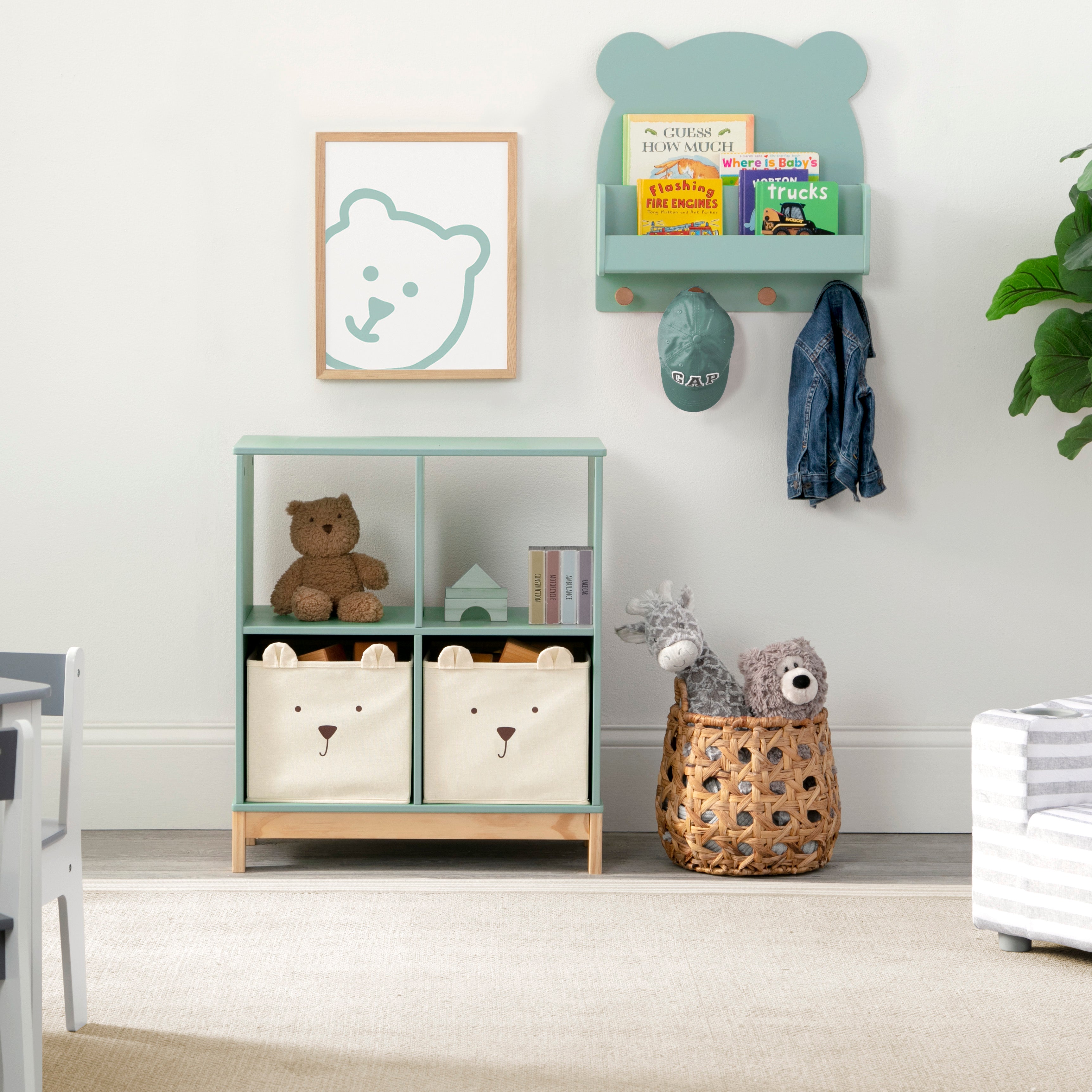 Brannan Bear Bookcase with Bins - Kids Wooden Bookshelf with Storage Bins for Nursery, Playroom & Bedroom Organization