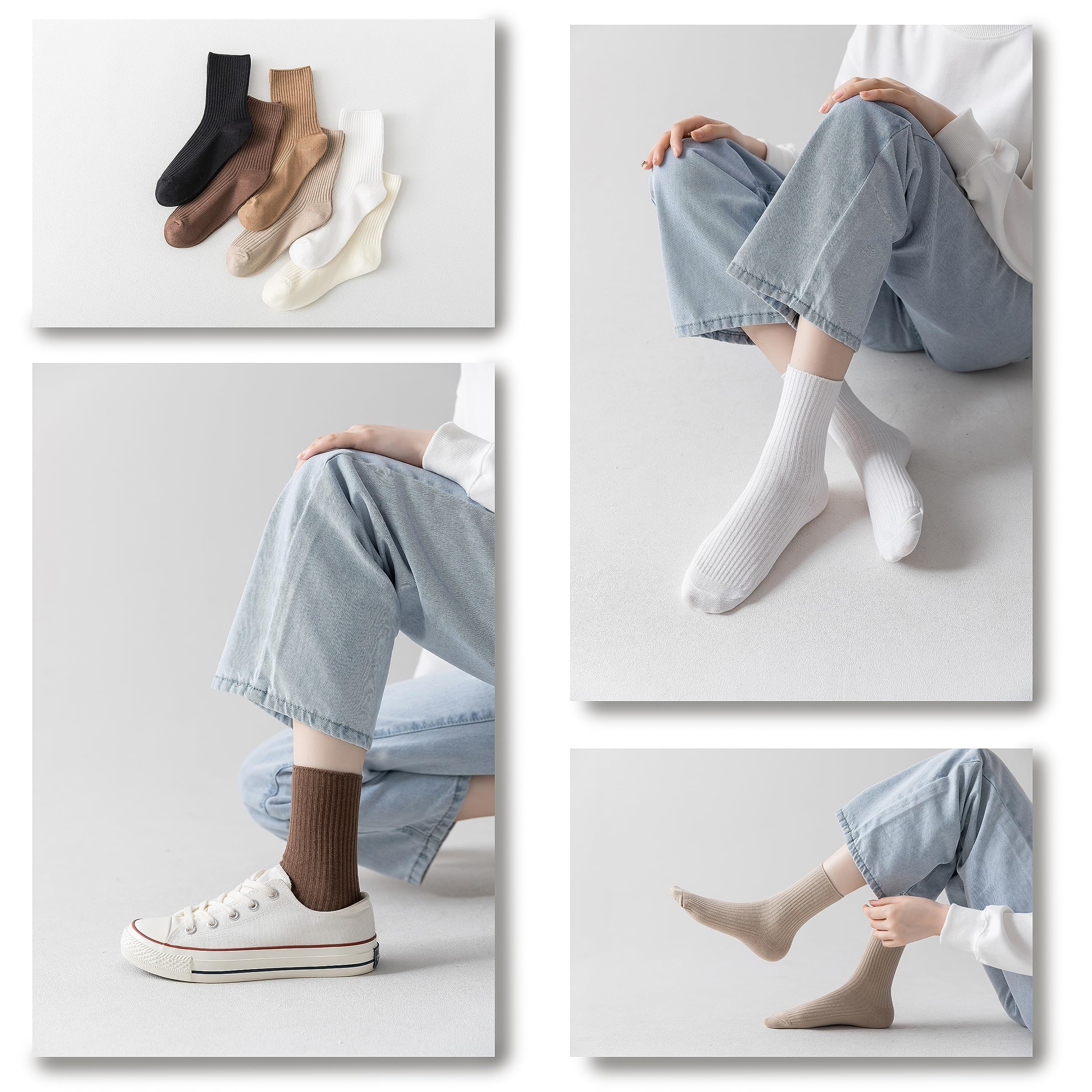 6 Pairs Women's Cotton Crew Socks - Neutral Tan High Calf Socks for Everyday Wear, Work & Casual Outfits