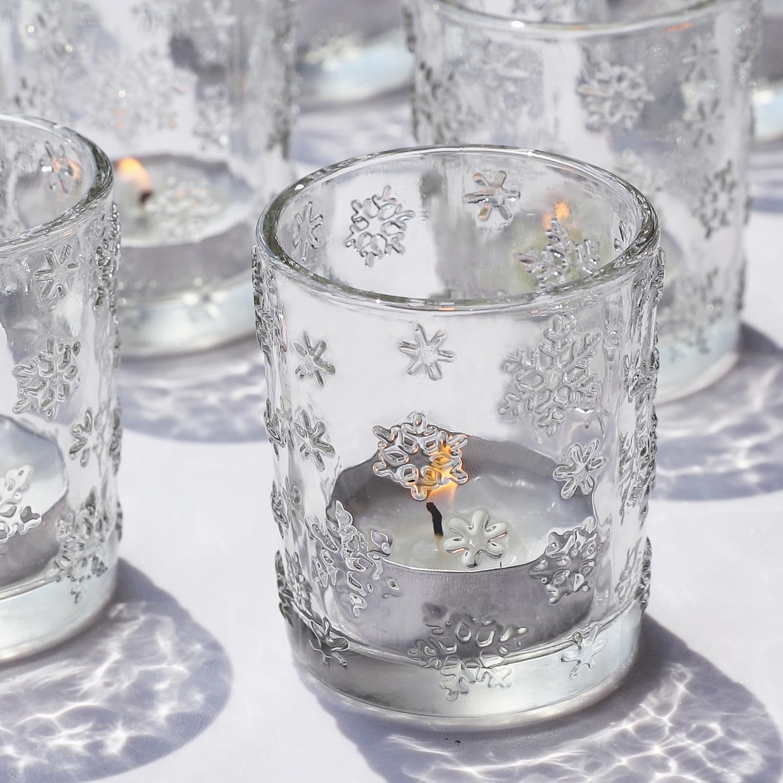 VOHO Set of 12 Clear Glass Snowflake Votive Candle Holders - Winter Decor for Tea Lights & Votive Candles - Elegant Candle Gift for Women - Perfect for Holiday Centerpieces, Christmas Decor & Cozy Home Ambiance