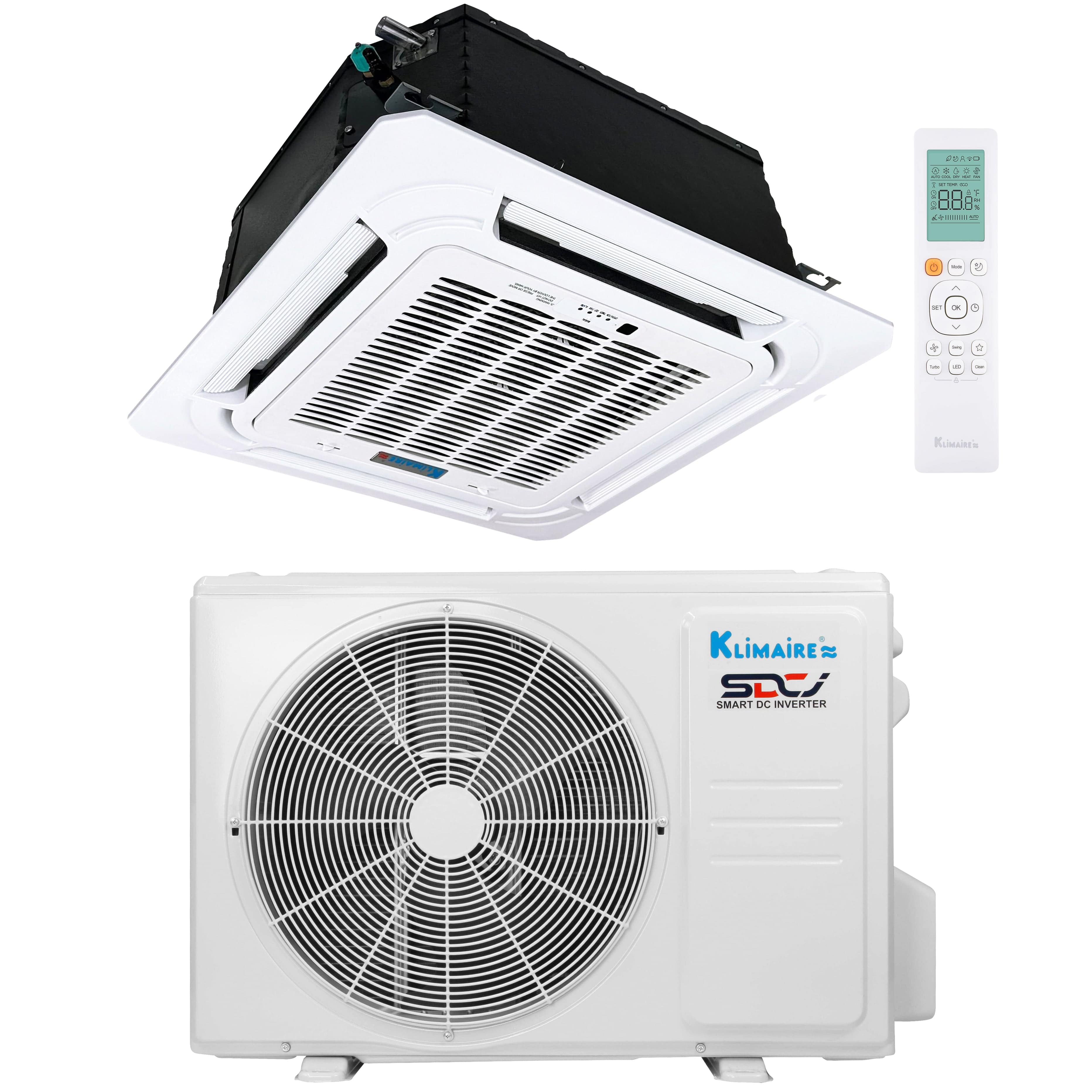 18,000 BTU Klimaire 20.5 SEER2 Ceiling Cassette Ductless Mini Split AC Heat Pump System - Perfect for Bedrooms, Living Rooms & Commercial Spaces