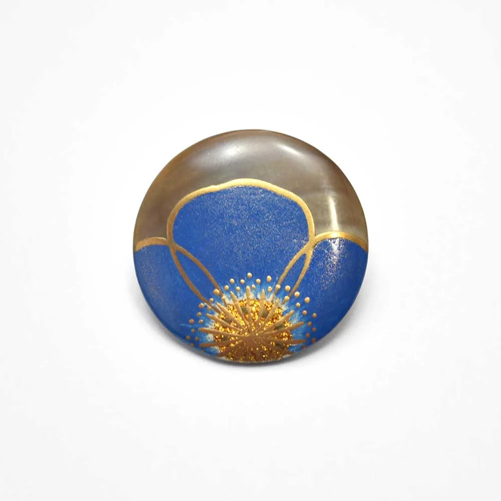 Handcrafted Japanese Maki-e Urushi Lacquer Brooch with Black Lip Oyster Pearl Shell - Elegant Flowing Blue Design - Traditional Artisan Jewelry for Women - Perfect for Formal Occasions & Special Gifts