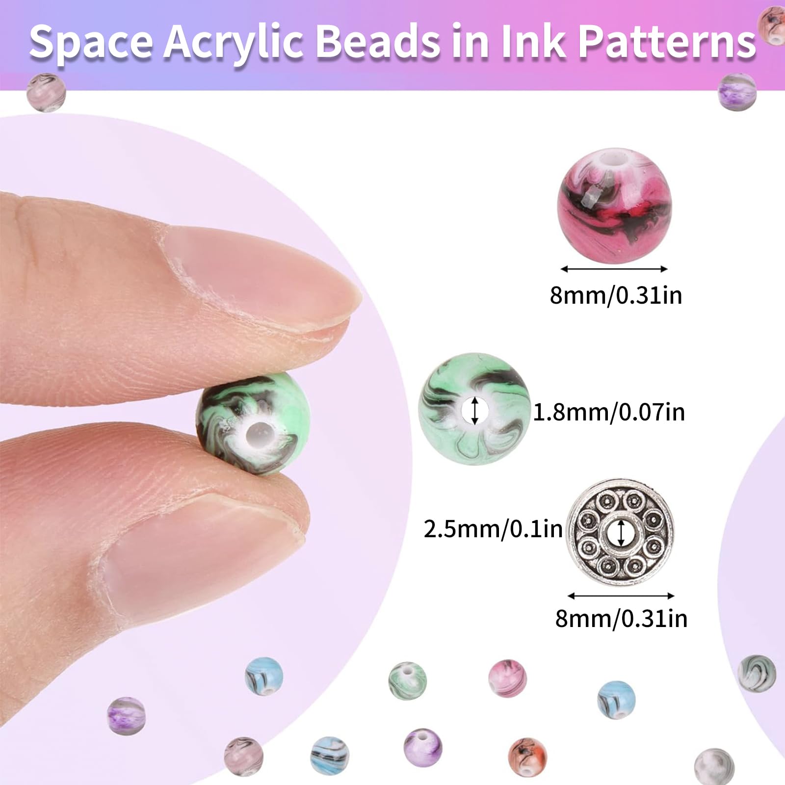 Quefe 500pcs Acrylic Craft Beads for Jewelry Making - 8mm Ink Pattern Space Beads with 50 Spacer Beads & Crystal String - DIY Bracelet Making Kit for Women, Teens - Perfect for Gifts, Parties & Creative Projects
