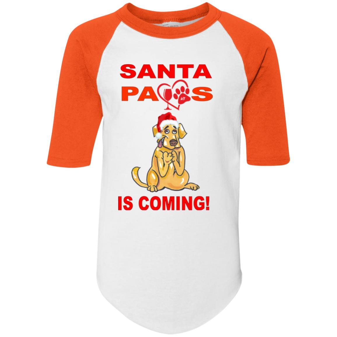 Santa Paws Is Coming - Youth Colorblock Raglan Jersey for Dogs | Christmas Pet Apparel | Holiday Photo Outfits & Festive Dress Up