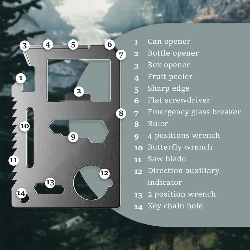 JUDEE 11-in-1 Stainless Steel Credit Card Survival Tool - Multipurpose Bottle Opener, Wallet-Sized Pocket Multitool for Camping, Hiking & Everyday Carry (EDC)