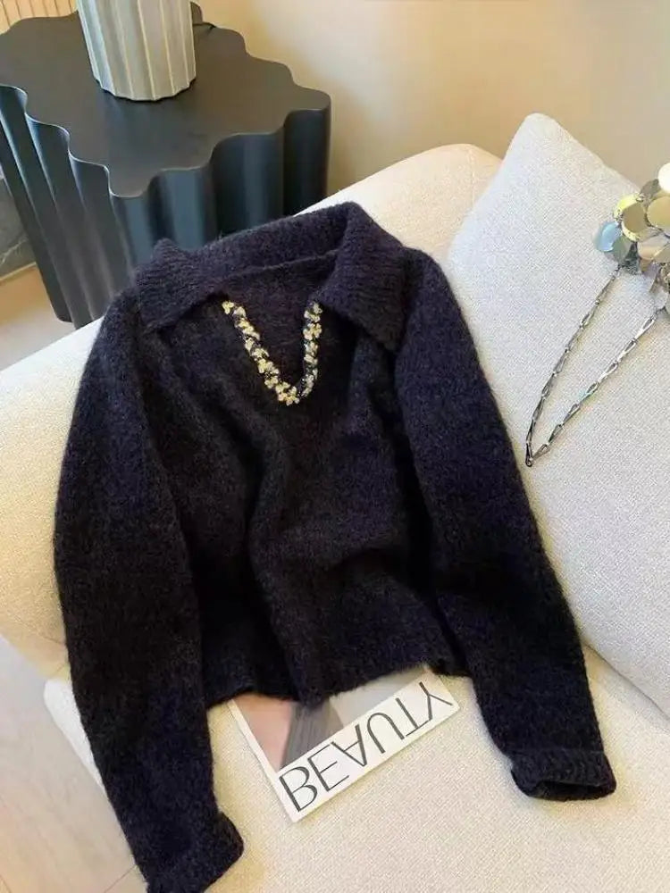 French Fashion Women's Black Sequin Long Sleeve Knit Sweater - Elegant Lapel Pullover Top for Autumn Winter | Party Wear, Office Outfit, Date Night Outfits