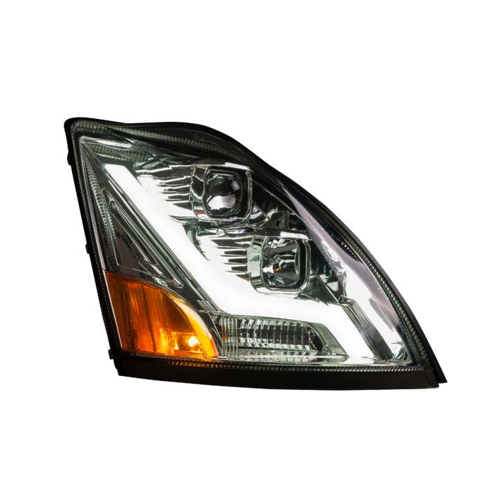 Volvo VN VNL Chrome Housing LED Headlights Set with Light Bar - Left & Right Side Replacement for Improved Night Driving & Truck Styling