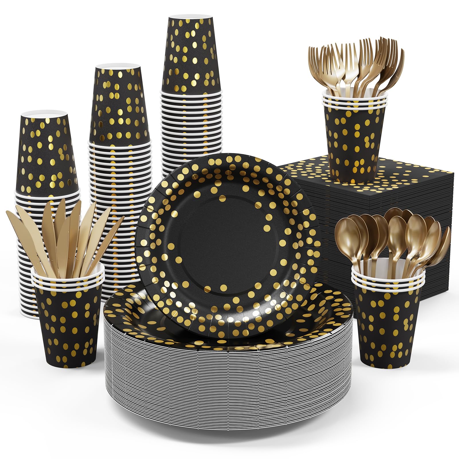 350-Piece Black and Gold Disposable Dinnerware Set - Paper Plates, Napkins, Cups & Gold Plastic Forks, Knives, Spoons - Perfect for Halloween, Graduation, Birthday & Cocktail Party Decorations