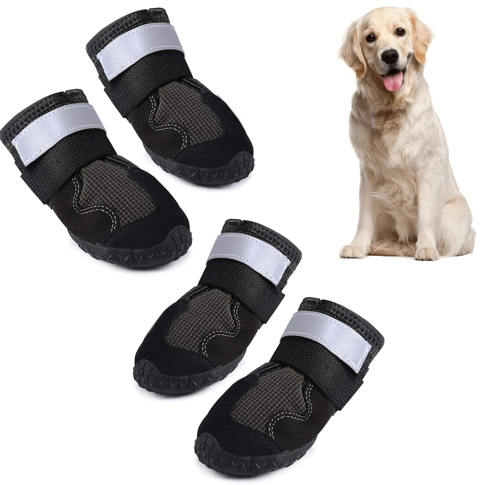 Waterproof Dog Boots for Medium & Large Dogs - 4 Pack Non-Slip Protective Paw Shoes with Adjustable Straps & Reflective Design | Ideal for Hiking, Snow, Hot Pavement & Outdoor Adventures