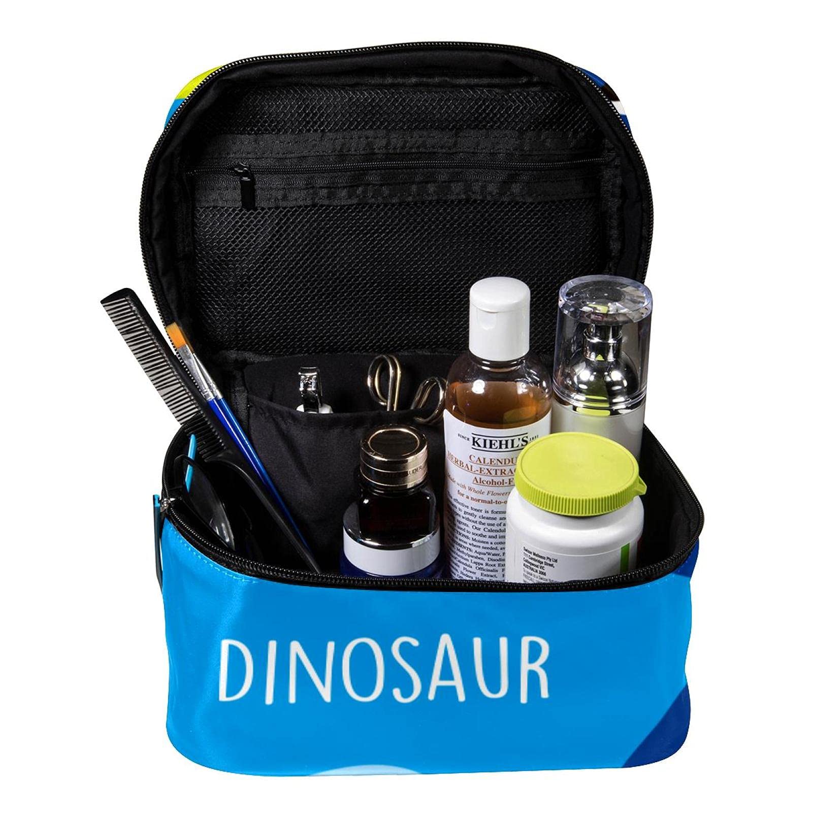 Dinosaur Print Large Travel Makeup Bag - Blue Cosmetic Organizer with Zipper for Women & Girls | Perfect for Toiletries, Travel, and Everyday Use