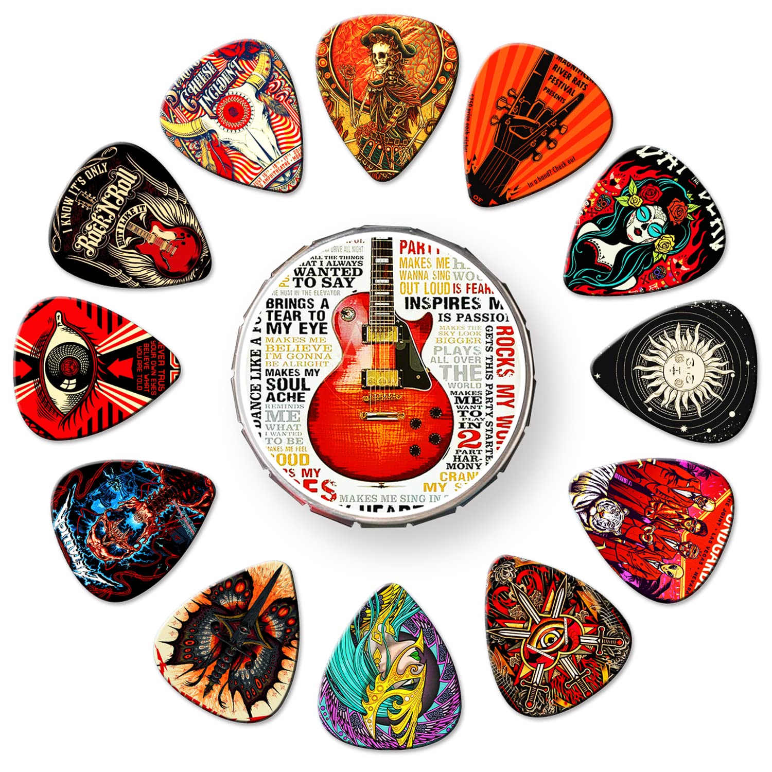 24 Pack Guitar Picks Variety Set - Thin, Medium, Heavy & Extra Heavy Celluloid Picks with Tin Box for Acoustic, Electric & Bass Guitar - Perfect Gift for Musicians & Music Lovers - Ideal for Practice, Recording & Live Performances