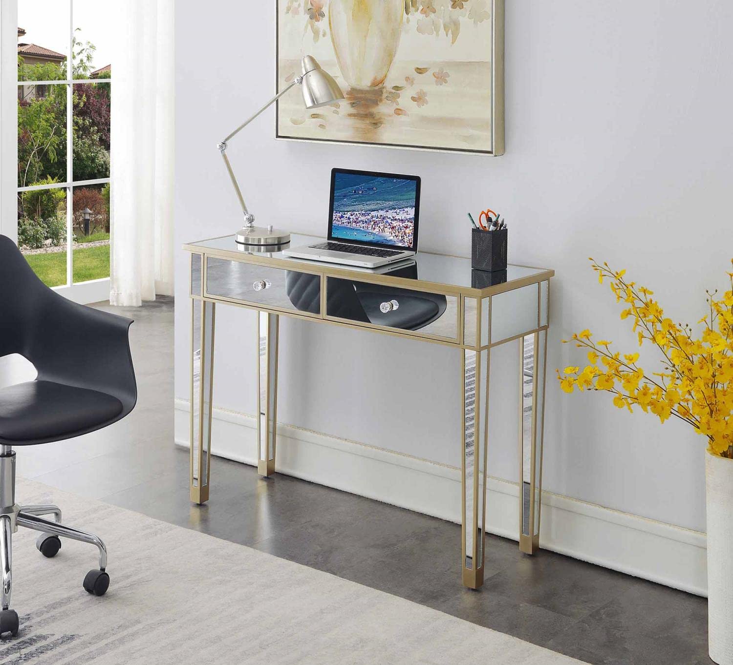 Convenience Concepts Gold Coast Desk - Champagne Finish with Mirror Top | Stylish Home Office & Study Desk for Small Spaces