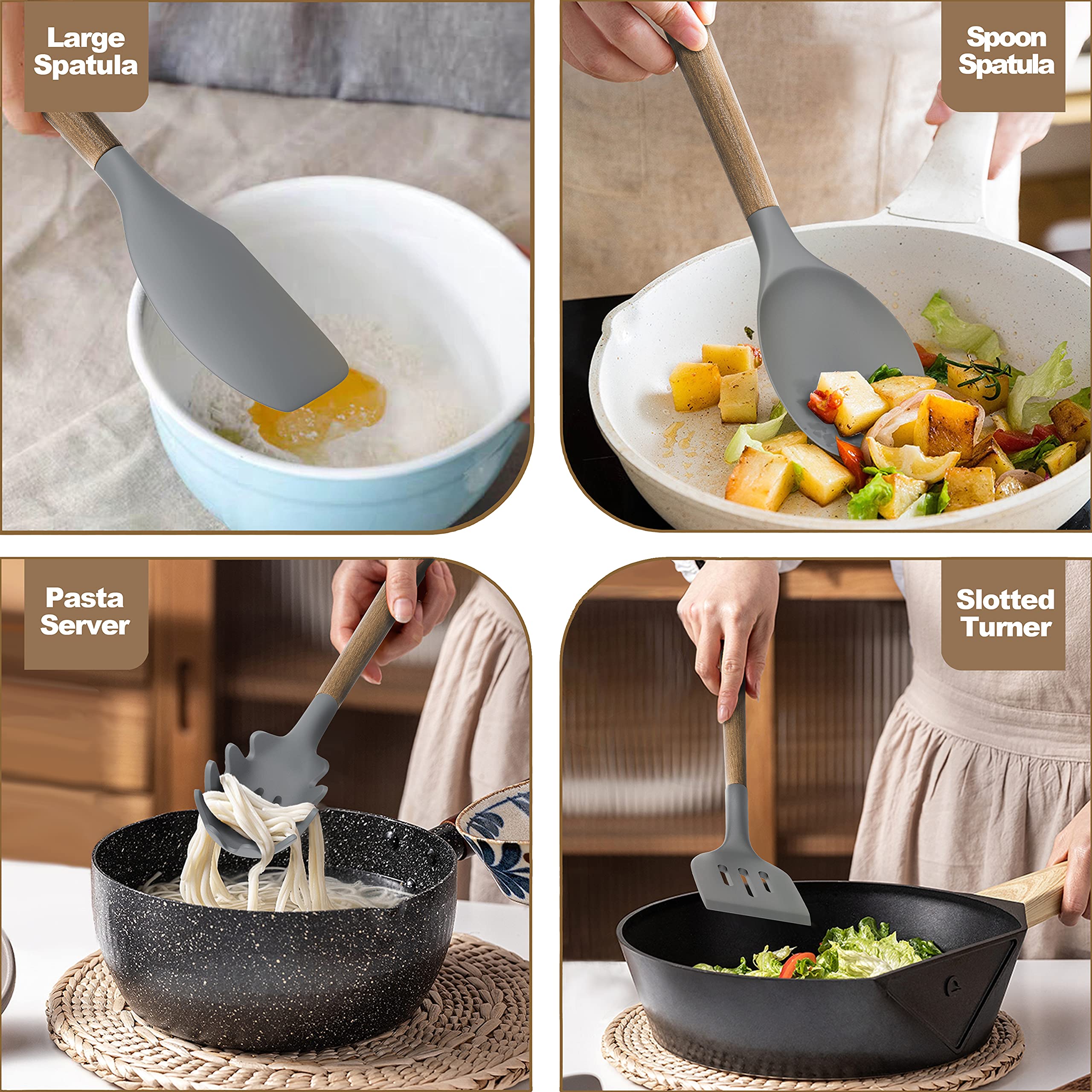 9Pcs Silicone Kitchen Utensil Set with Wooden Handle - Heat Resistant for Nonstick Cookware - Perfect for Baking & Cooking