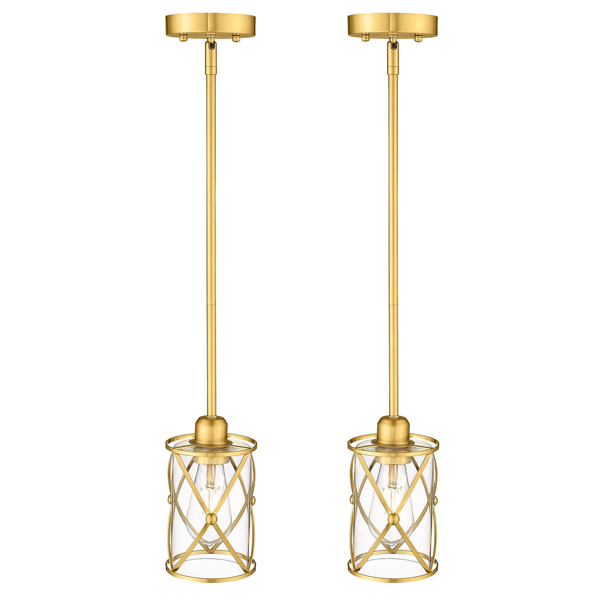 Brushed Gold Pendant Lights for Kitchen Island - 2 Pack Farmhouse Brass Glass Cage Hanging Light Fixture with Rod - Perfect for Kitchen, Dining Room, Bathroom, and Sink Areas - CH9176BG-2PKG