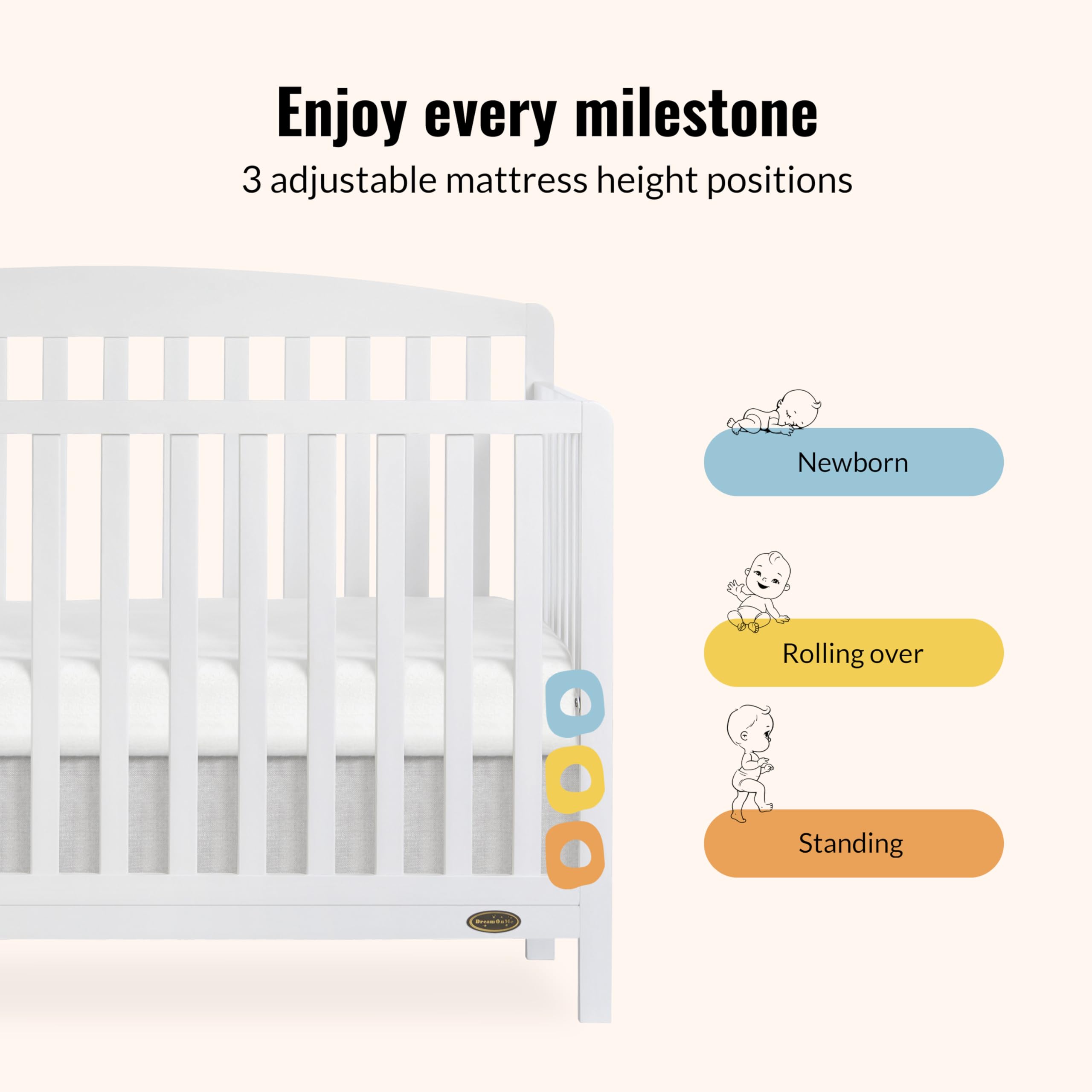 Dream On Me Odelle 5-in-1 Convertible Crib - JPMA & Greenguard Gold Certified, Sustainable Pinewood, 3 Adjustable Mattress Heights, Non-Toxic Finish - Perfect for Nursery, Toddler Room & Growing Families (White)