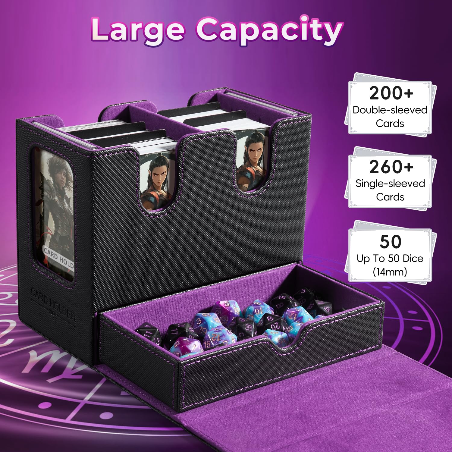 Premium MTG Commander Deck Box with Dice Tray - Holds 230+ Magic TCG/CCG Cards - 4-in-1 Storage Case with 4 Dividers (Black/Purple) - Perfect for Game Nights, Tournaments & Card Collection Organization