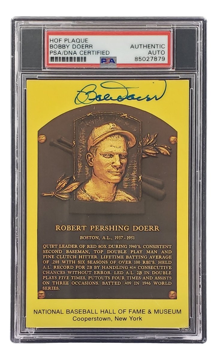 Bobby Doerr Autographed 4x6 Boston Red Sox Hall of Fame Plaque Card with PSA/DNA Certification #85027879 - Perfect for Baseball Memorabilia Collectors and Red Sox Fans Display