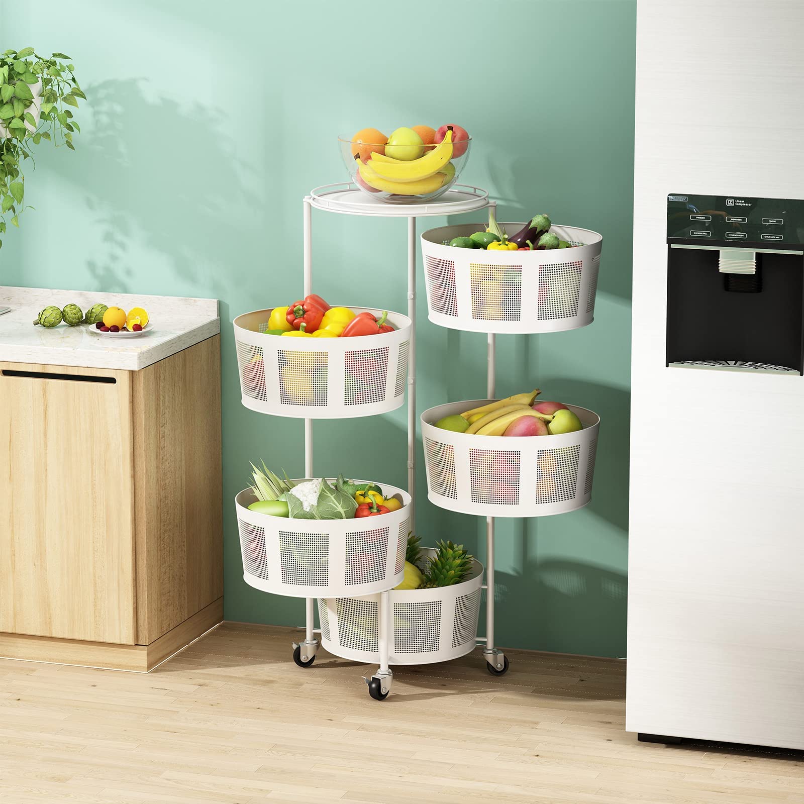 5-Layer Rotating Metal Storage Basket for Kitchen - Hanging Organizer for Fruits & Vegetables - Space Saving Storage Rack for Living Room, Bathroom & Home Organization (Perfect for Small Spaces & Clutter-Free Homes)