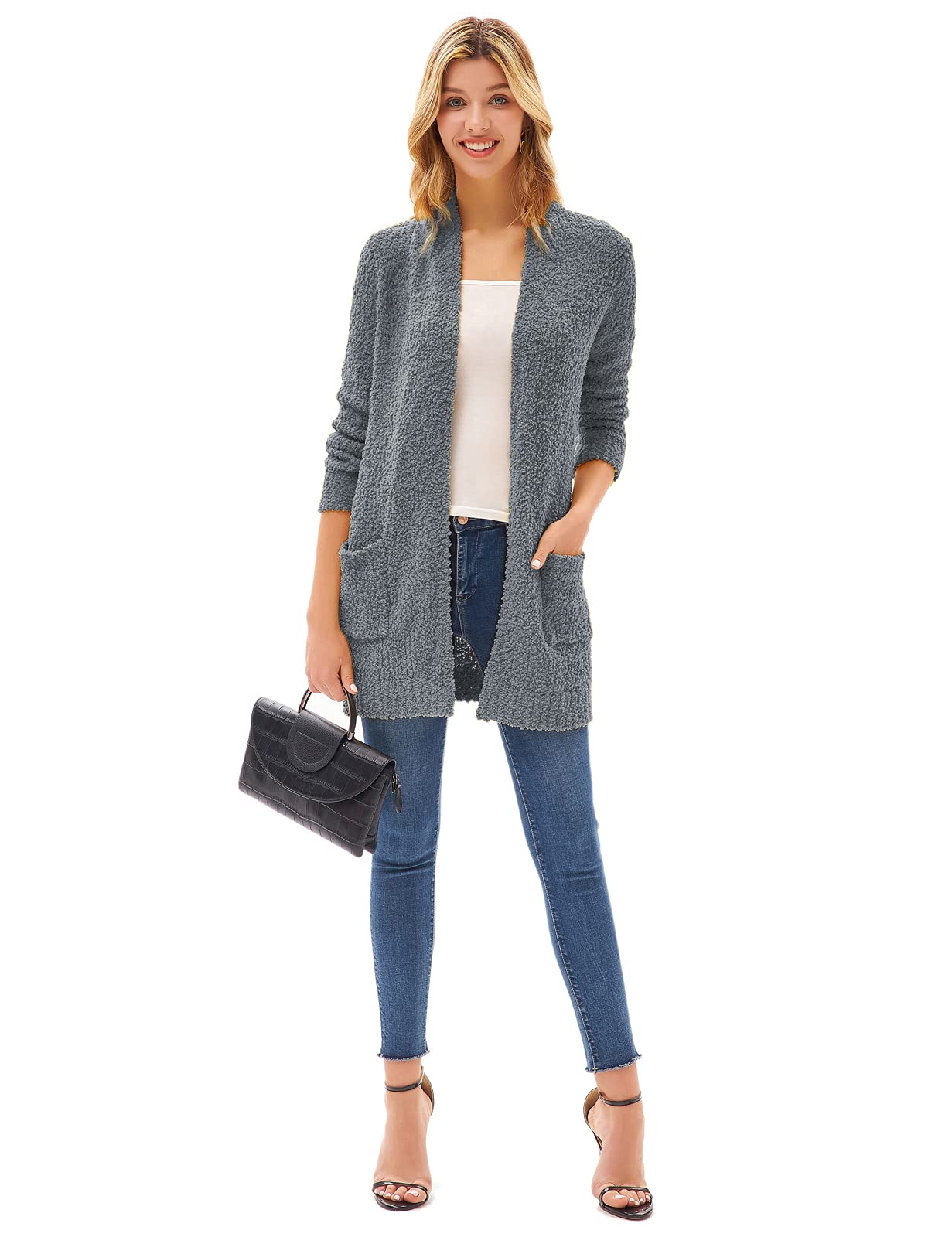 GRACE KARIN Women's Long Fuzzy Cardigan Sweater - Open Front Chunky Knit Sweater Coat with Pockets | Cozy Fall Winter Layering Piece for Home, Office & Casual Outings